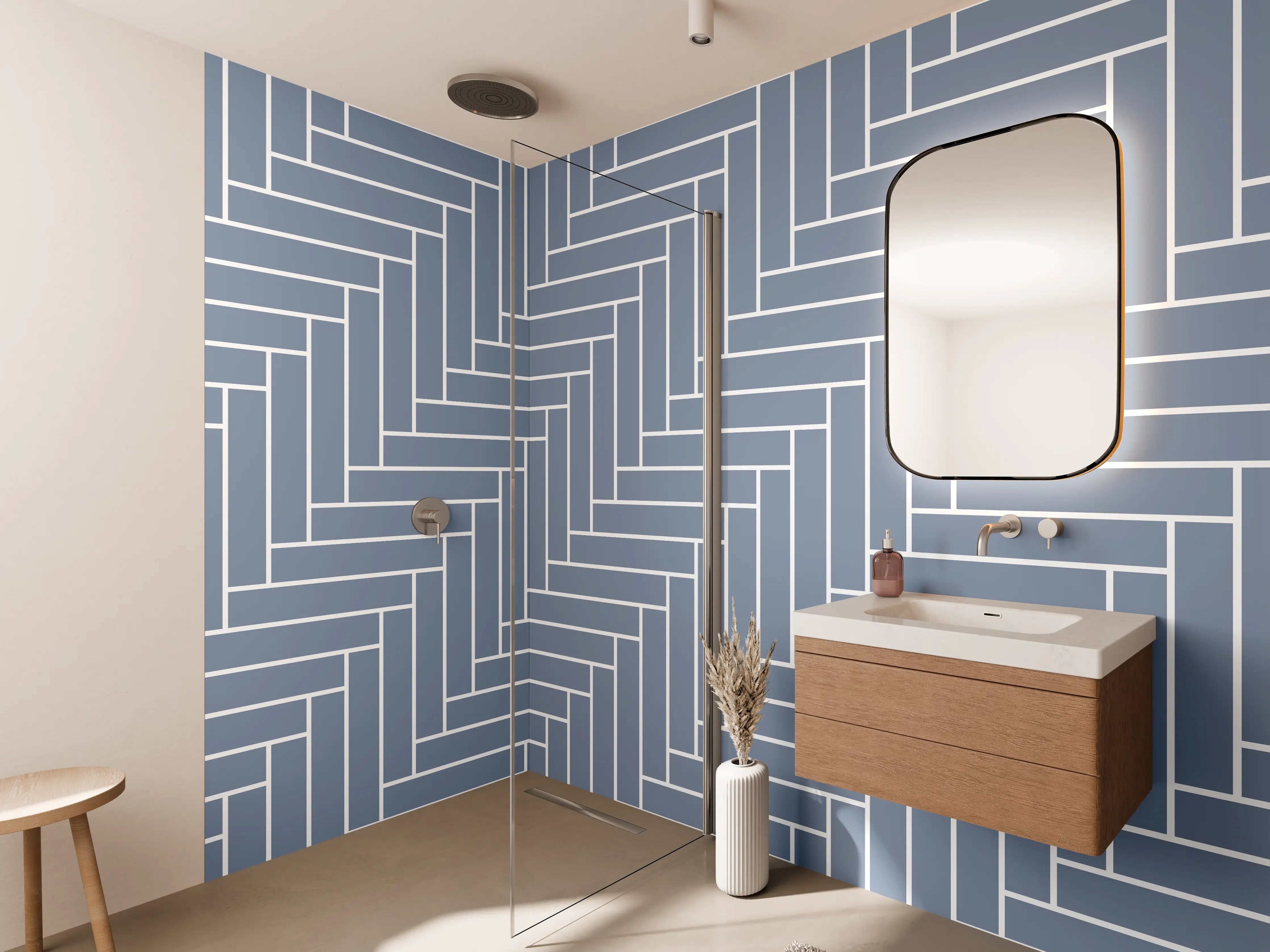 Wandverkleidung Bad - Modernes geometrisches Muster in Blau-Grau