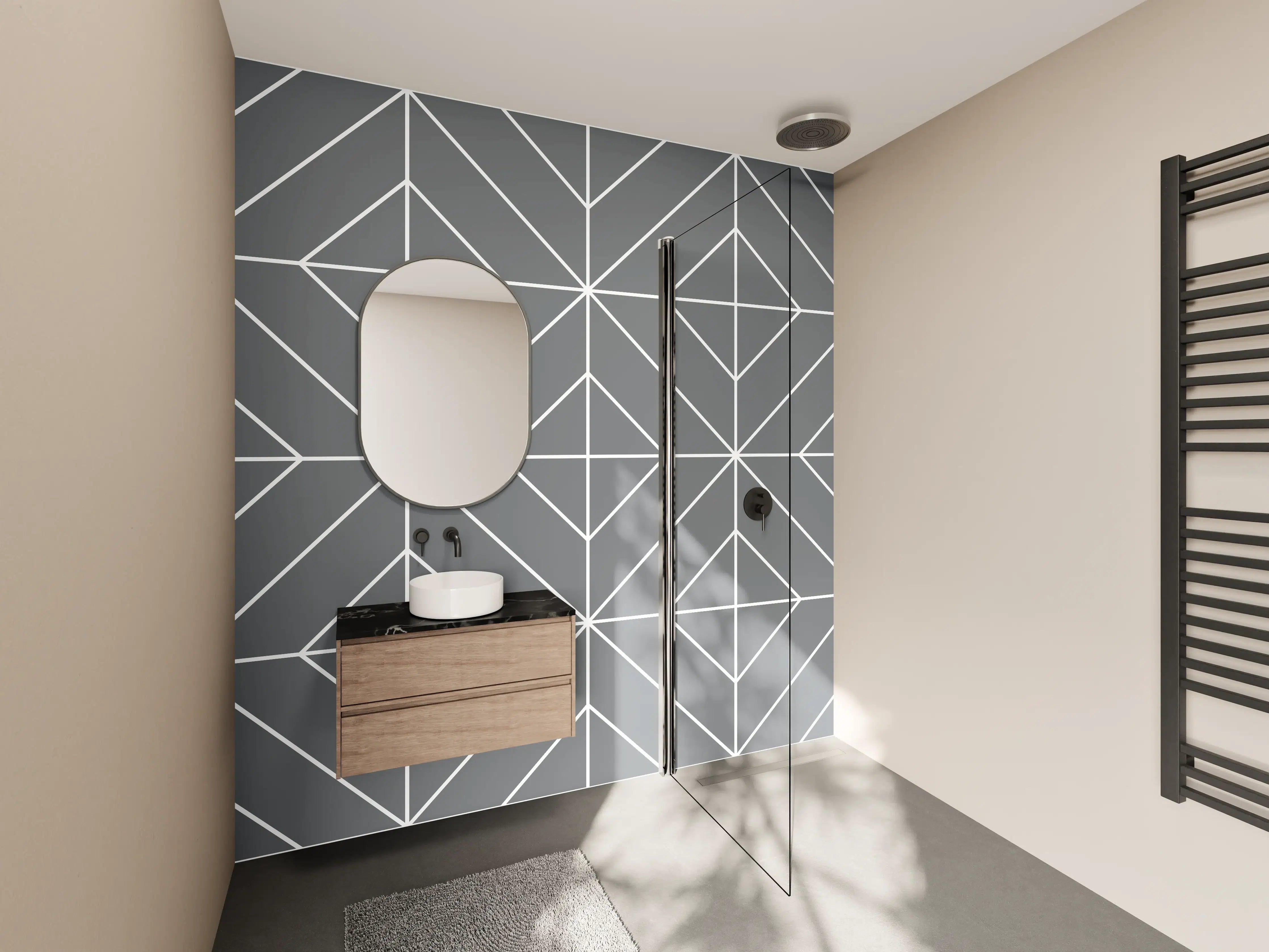 Wandverkleidung Bad - Modische geometrische Fliesenmuster in Grau