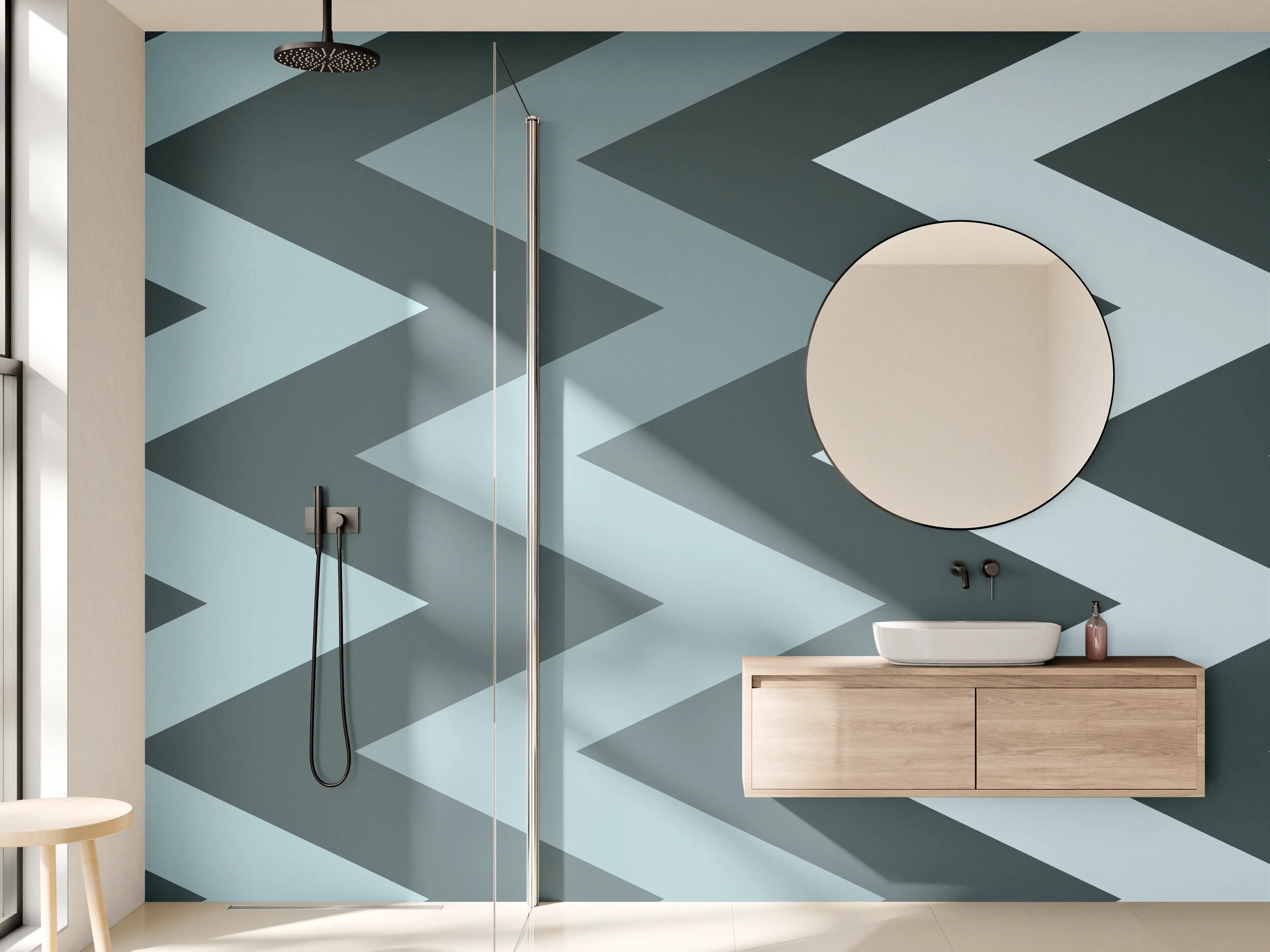 Wandverkleidung Bad - Modisches Zickzack-Muster in Grau und Blau