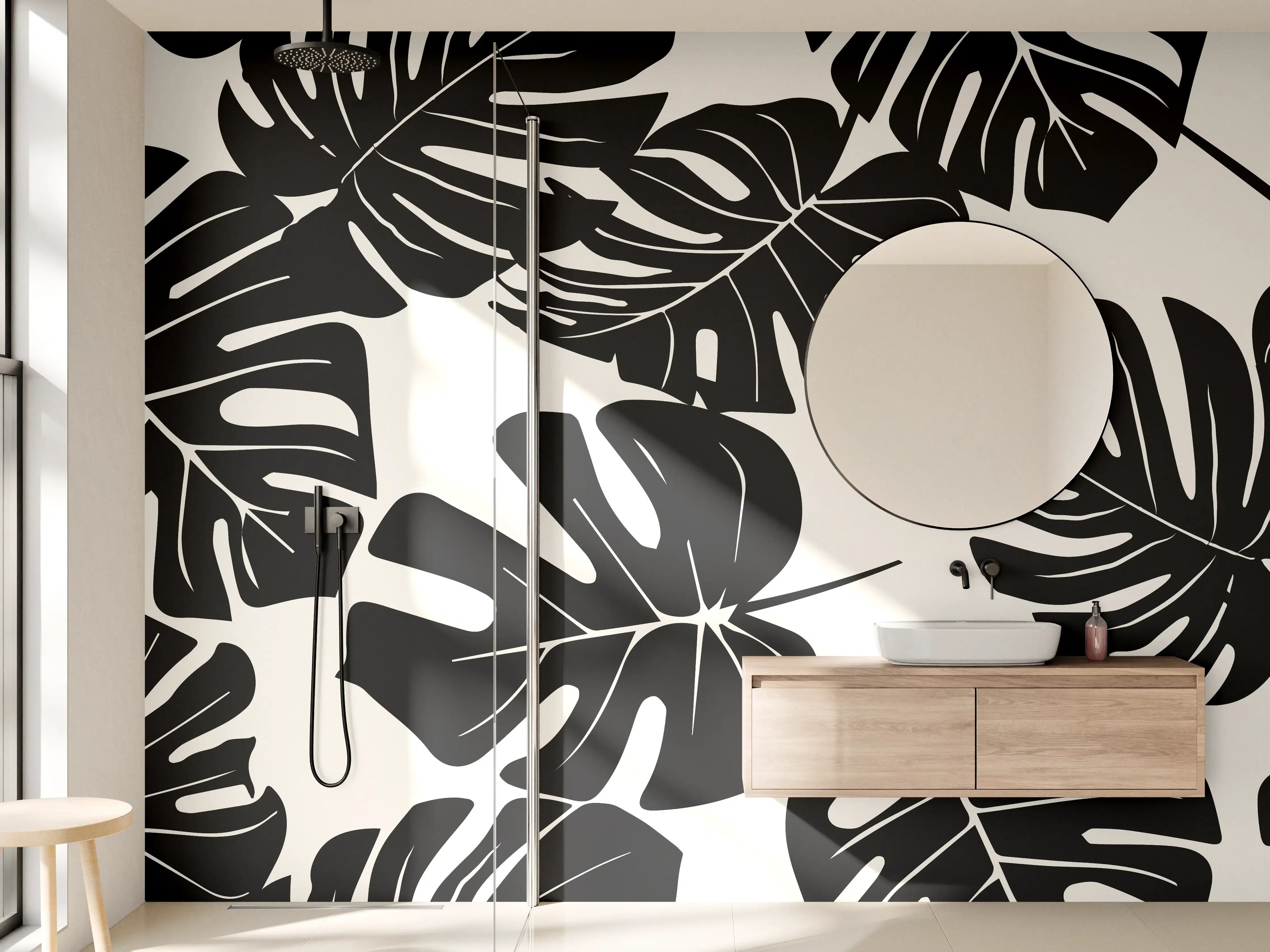 Wandverkleidung Bad - Monstera Schwarz-Beige Muster