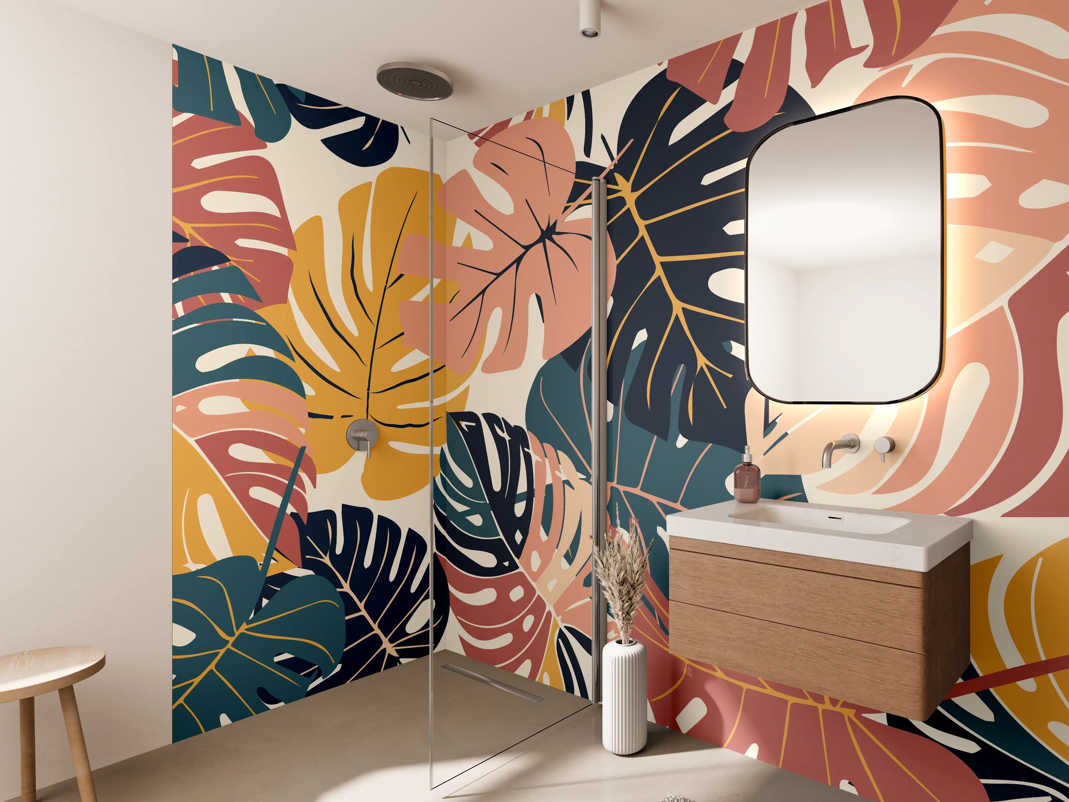 Wandverkleidung Bad - Monstera Tropic Koralle Türkis