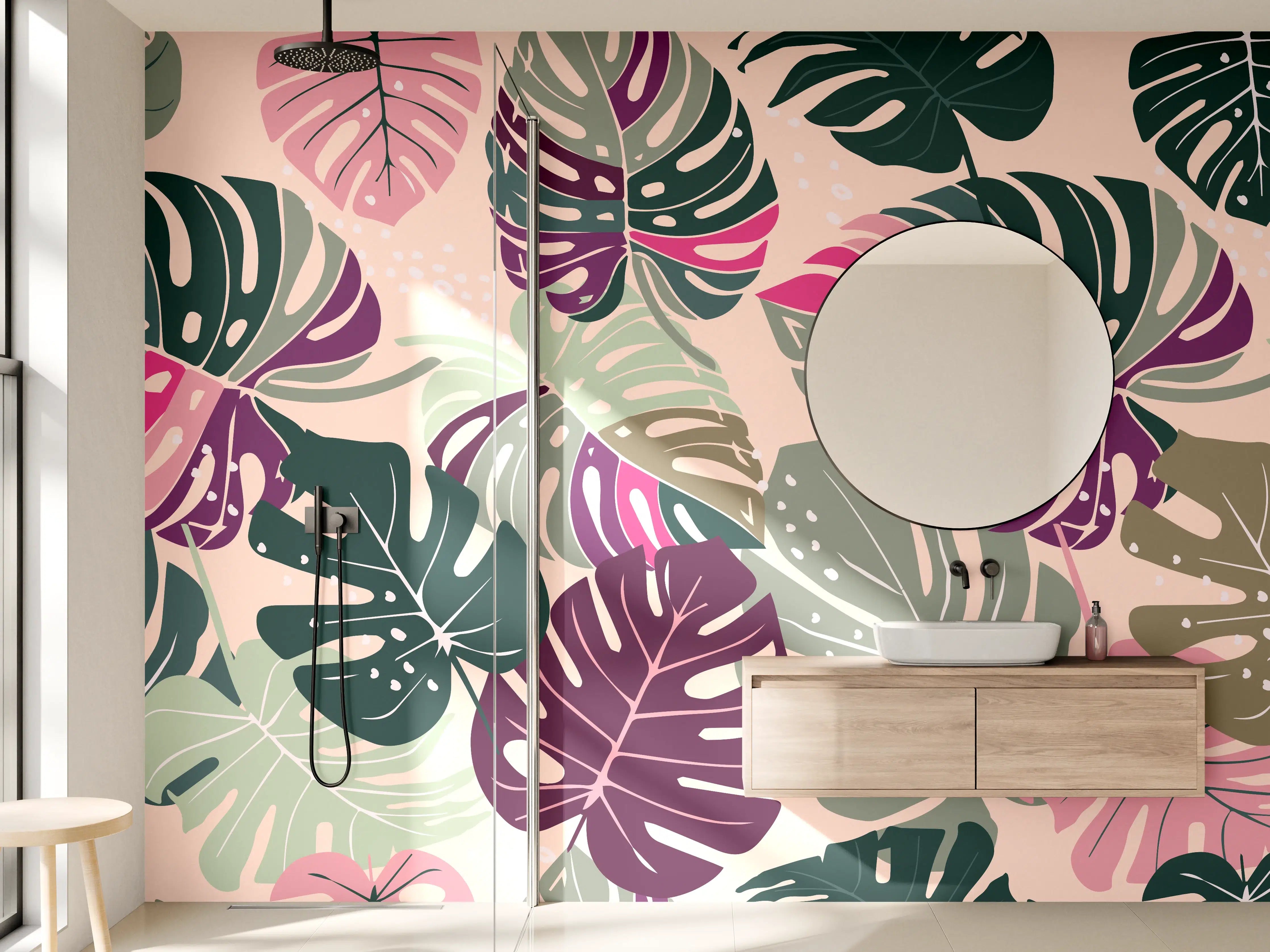 Wandverkleidung Bad - Monstera Tropic Rosa-Grün