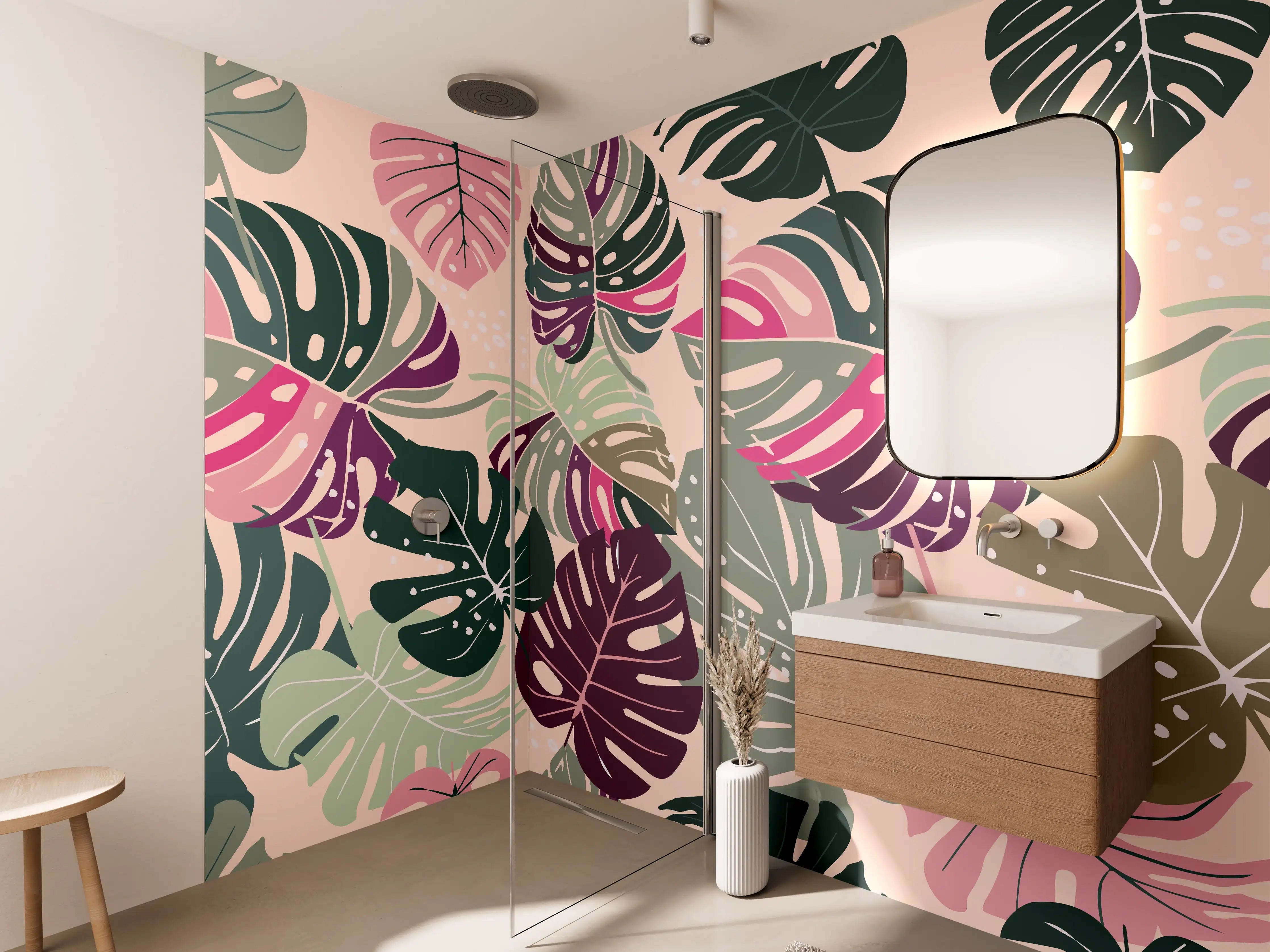 Wandverkleidung Bad - Monstera Tropic Rosa-Grün
