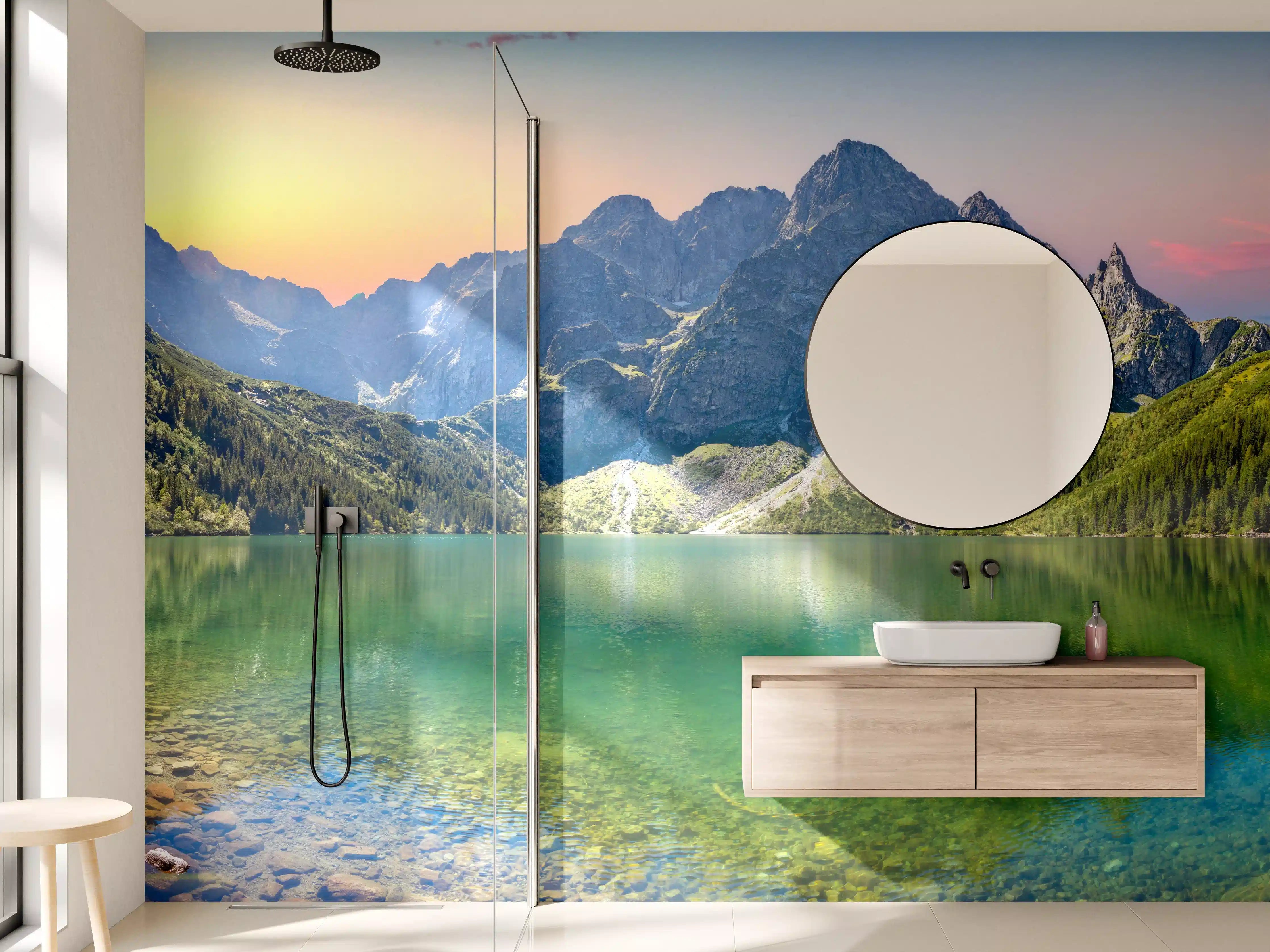 Wandverkleidung Bad - Morgenlicht am grauen Bergsee
