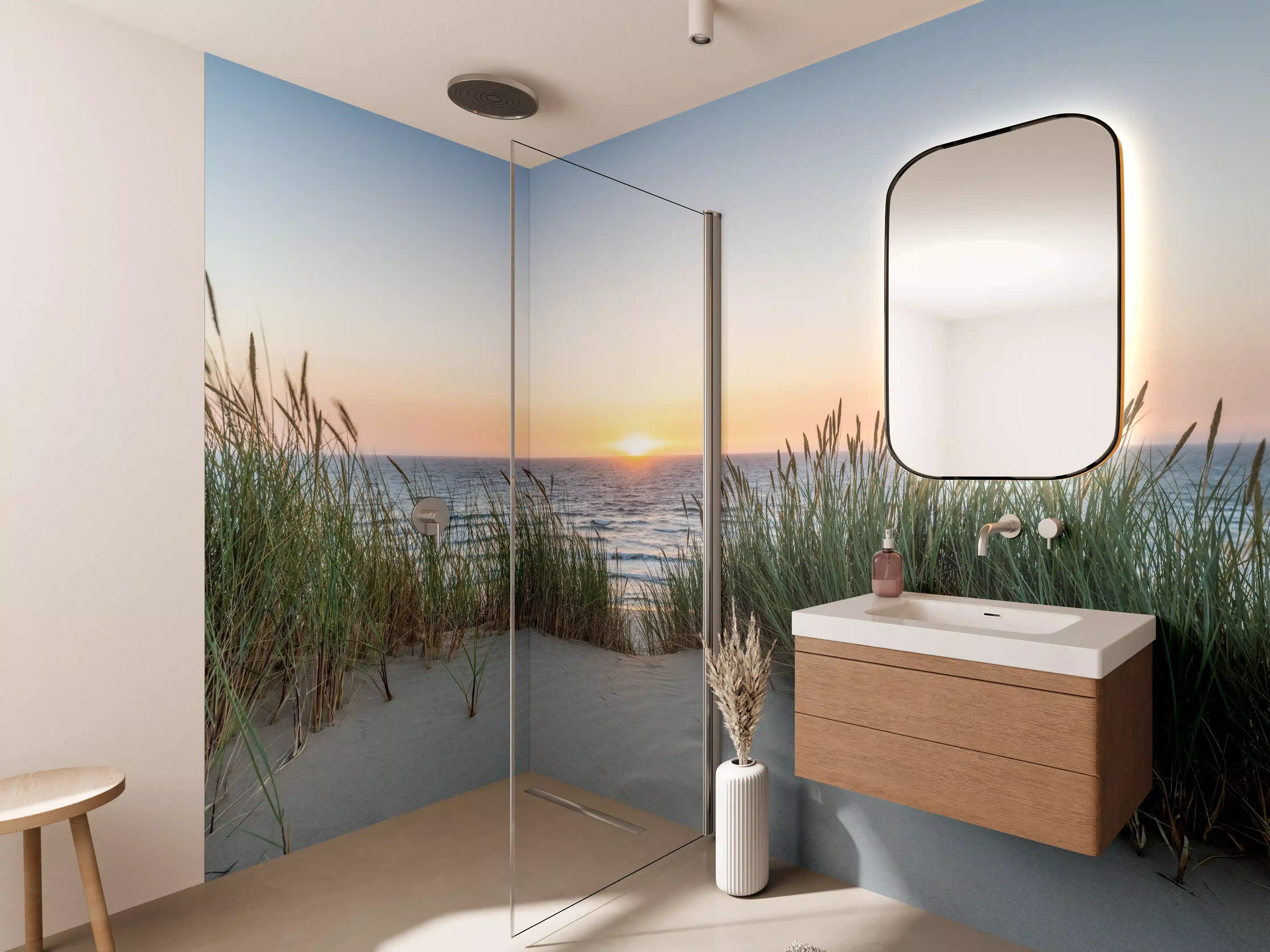 Wandverkleidung Bad - Morgenlicht im Grauweißen Strand