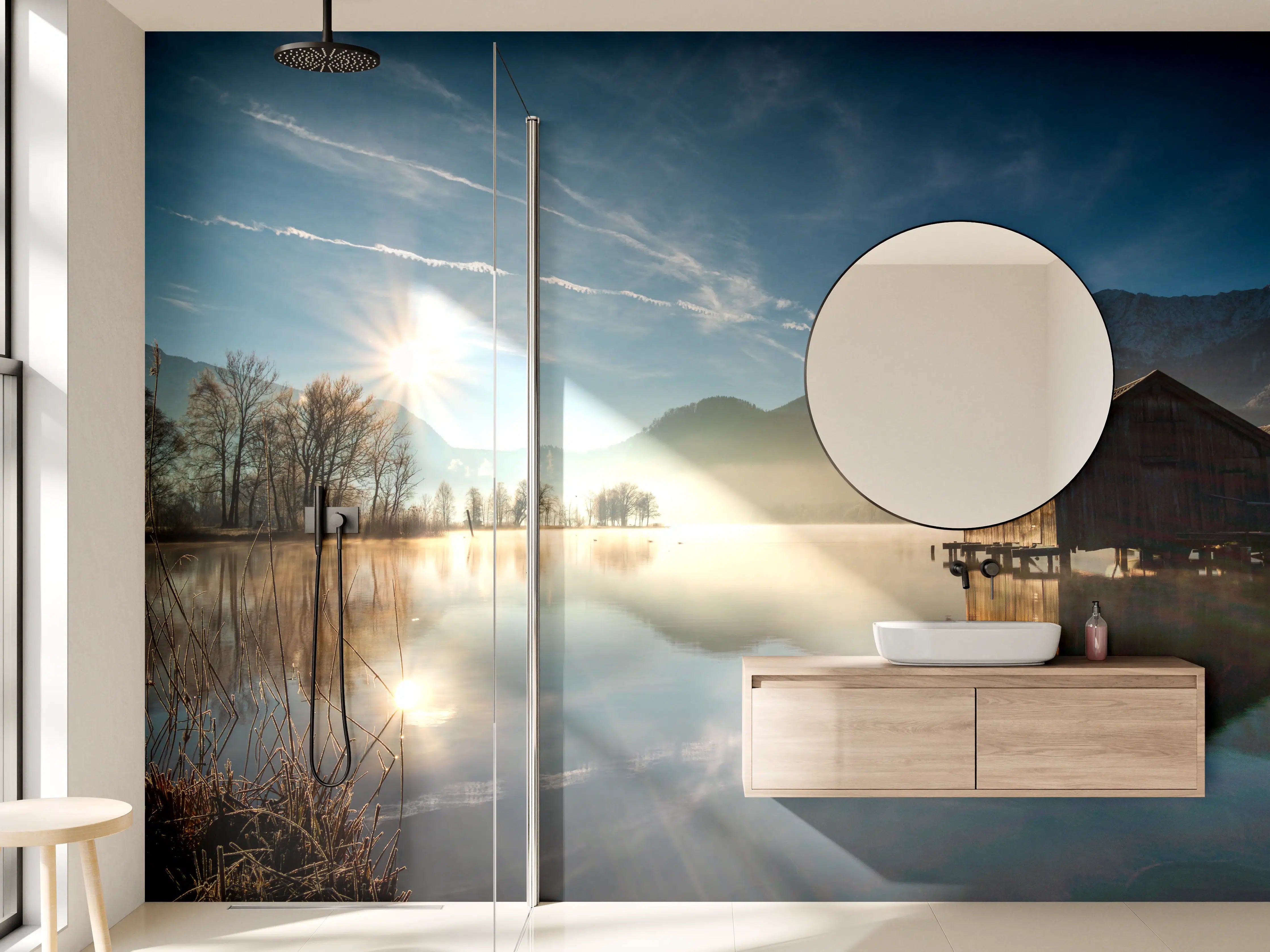 Wandverkleidung Bad - Morgensonnenblick über Bayerischen Kochelsee
