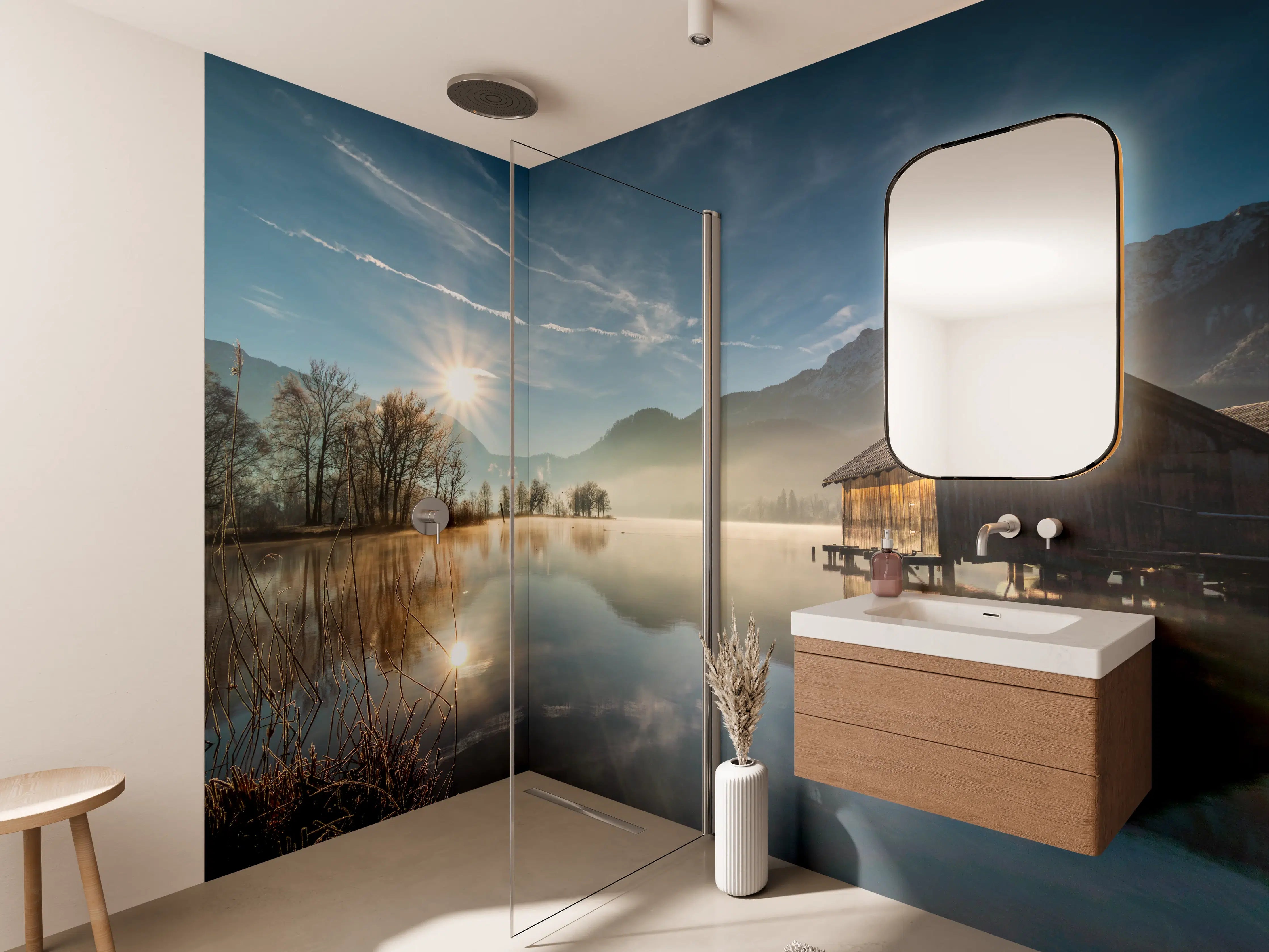 Wandverkleidung Bad - Morgensonnenblick über Bayerischen Kochelsee