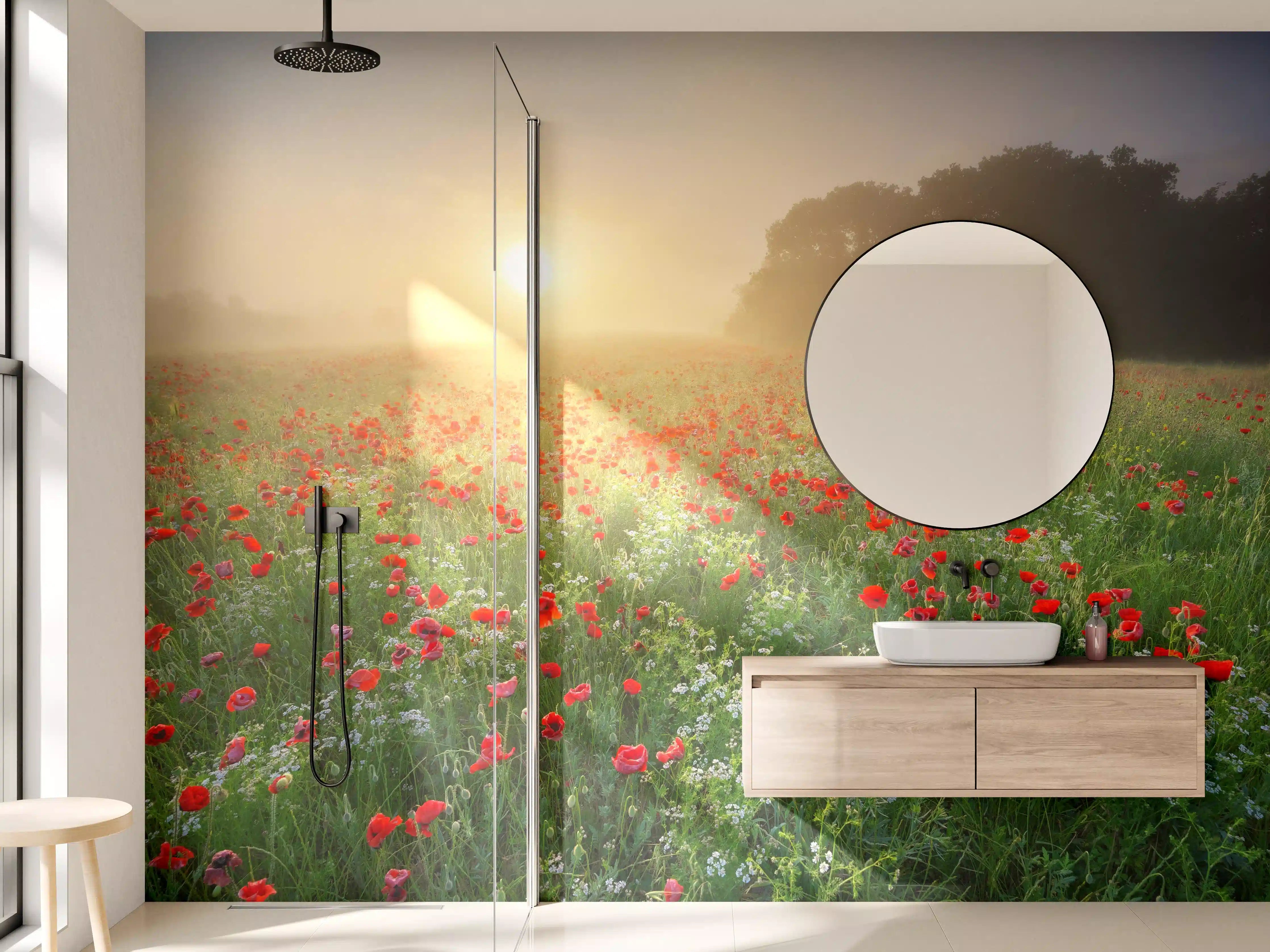 Wandverkleidung Bad - Morgenstimmung im Feld mit roten Mohnblumen