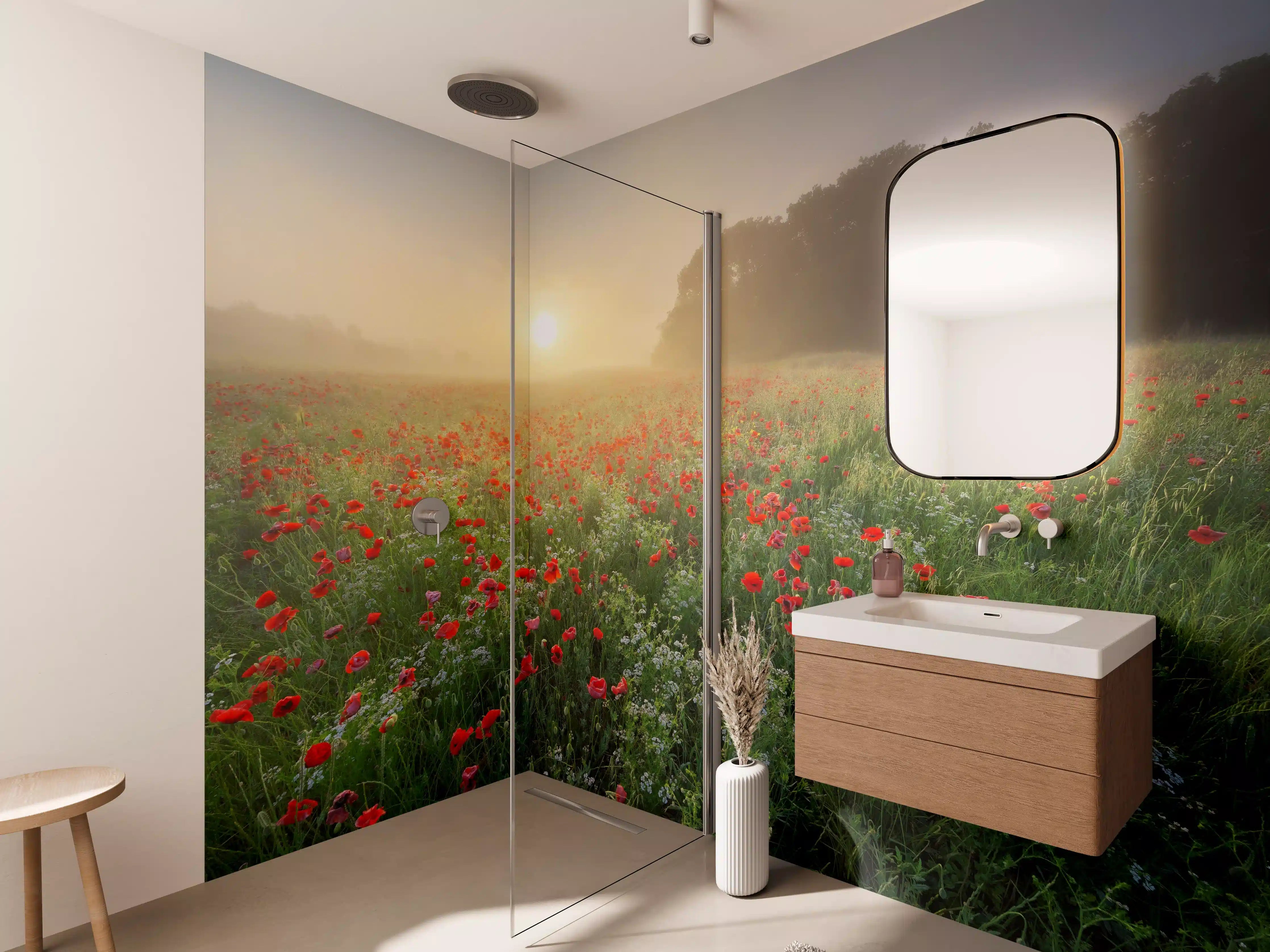 Wandverkleidung Bad - Morgenstimmung im Feld mit roten Mohnblumen