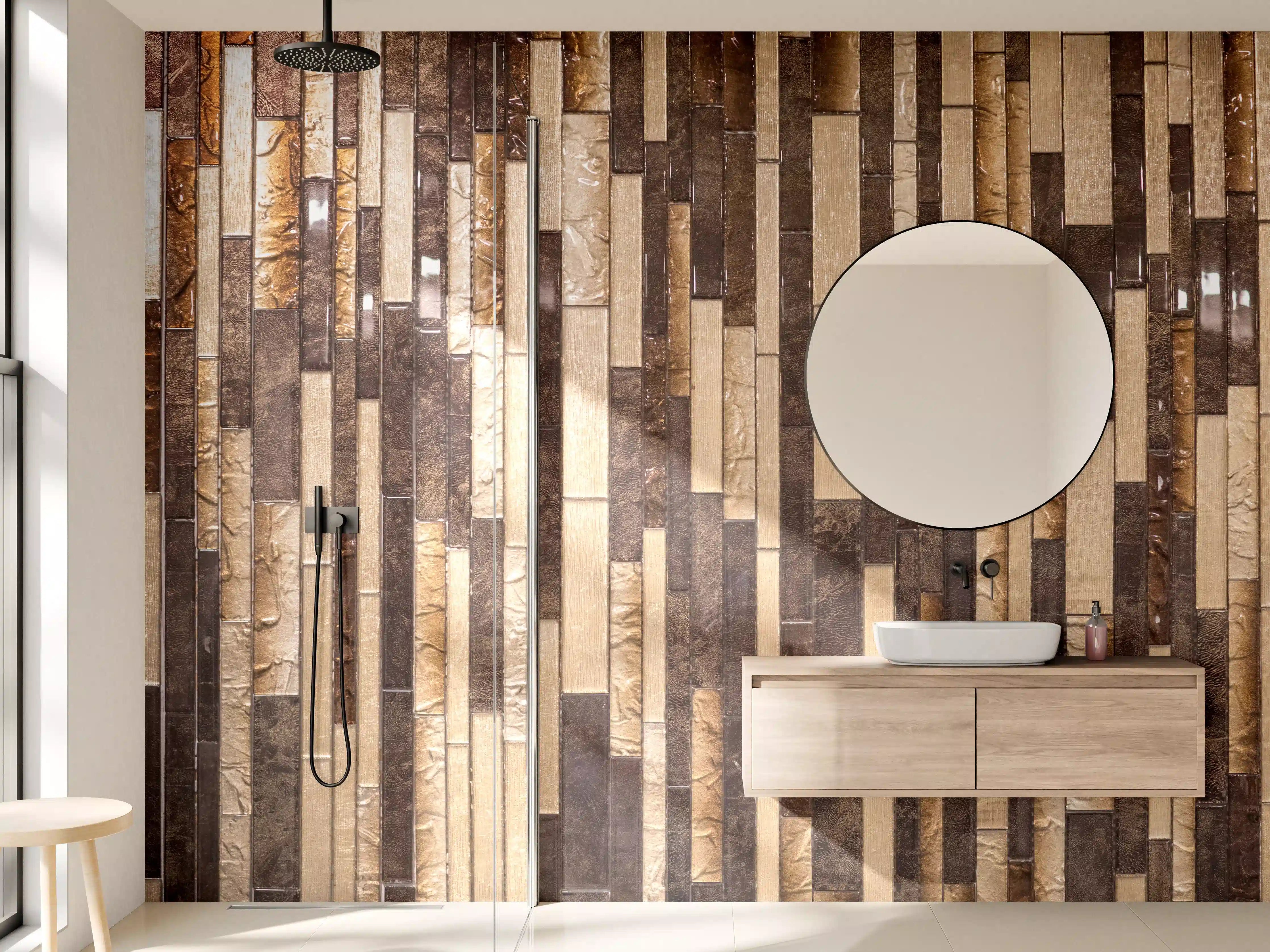 Wandverkleidung Bad - Mosaik Holzoptik Braun Beige