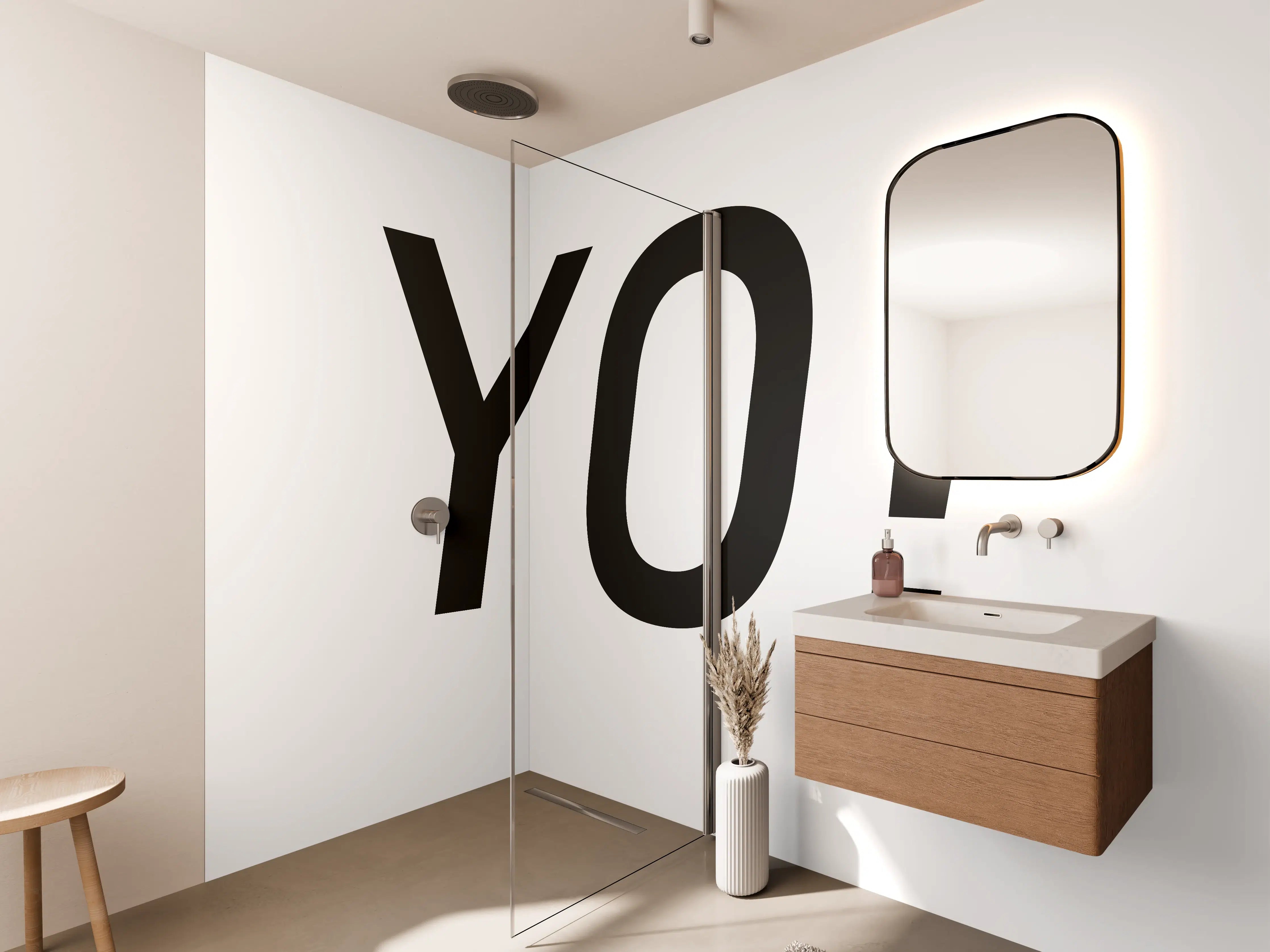 Wandverkleidung Bad - Motivational 'YO!' Schwarz-Weiß-Design