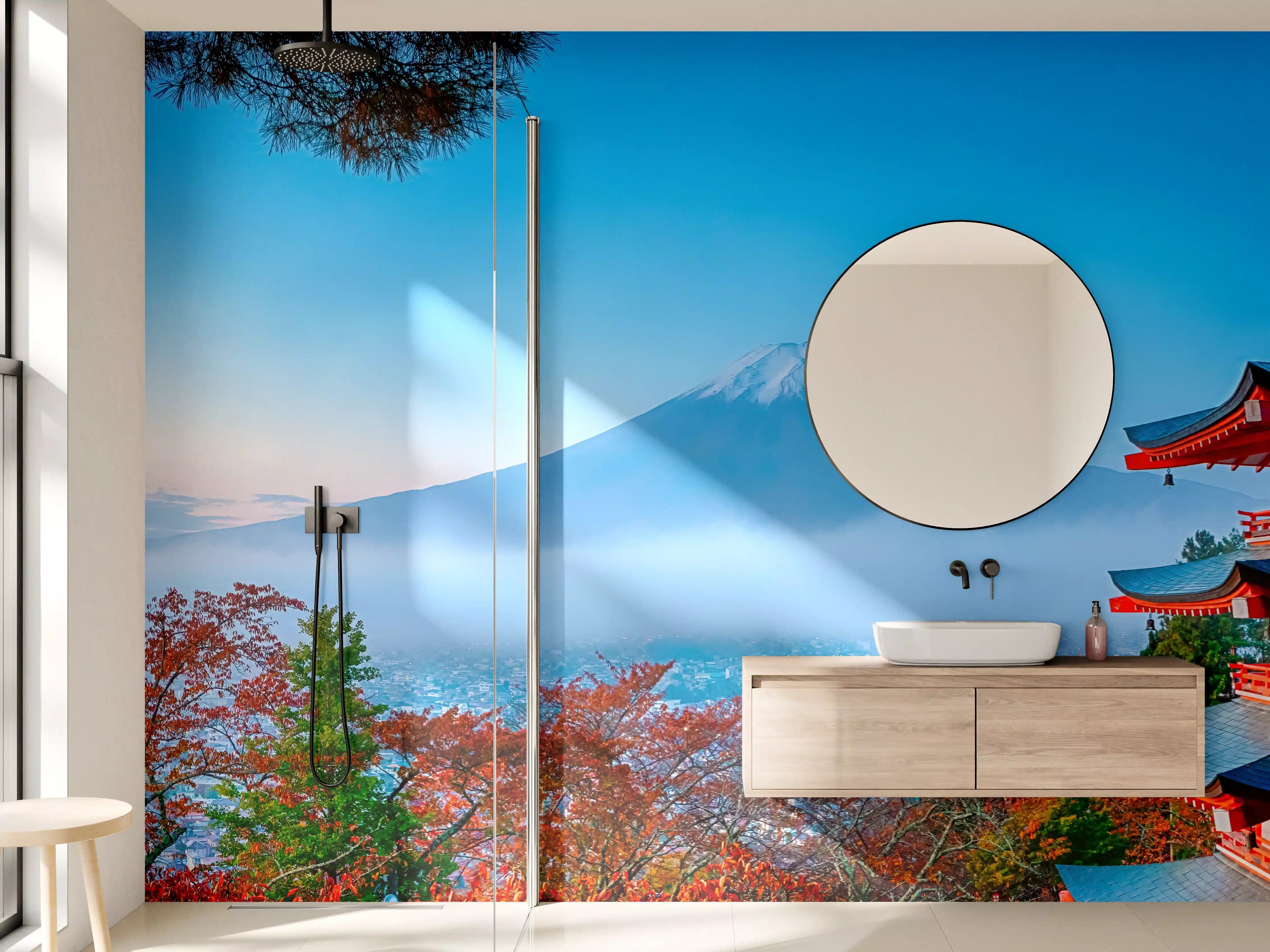 Wandverkleidung Bad - Mount Fuji mit Pagode im Herbst