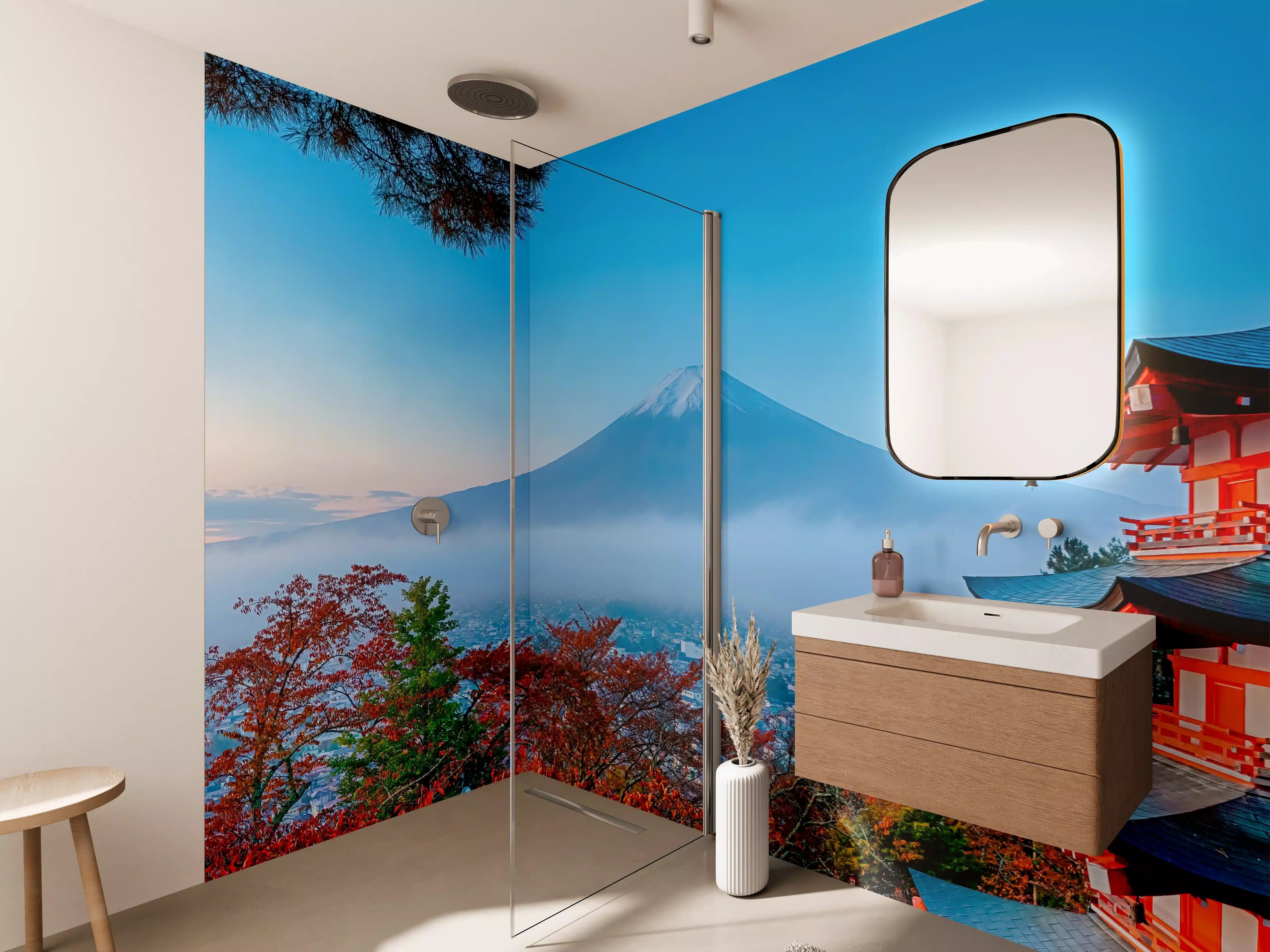 Wandverkleidung Bad - Mount Fuji mit Pagode im Herbst