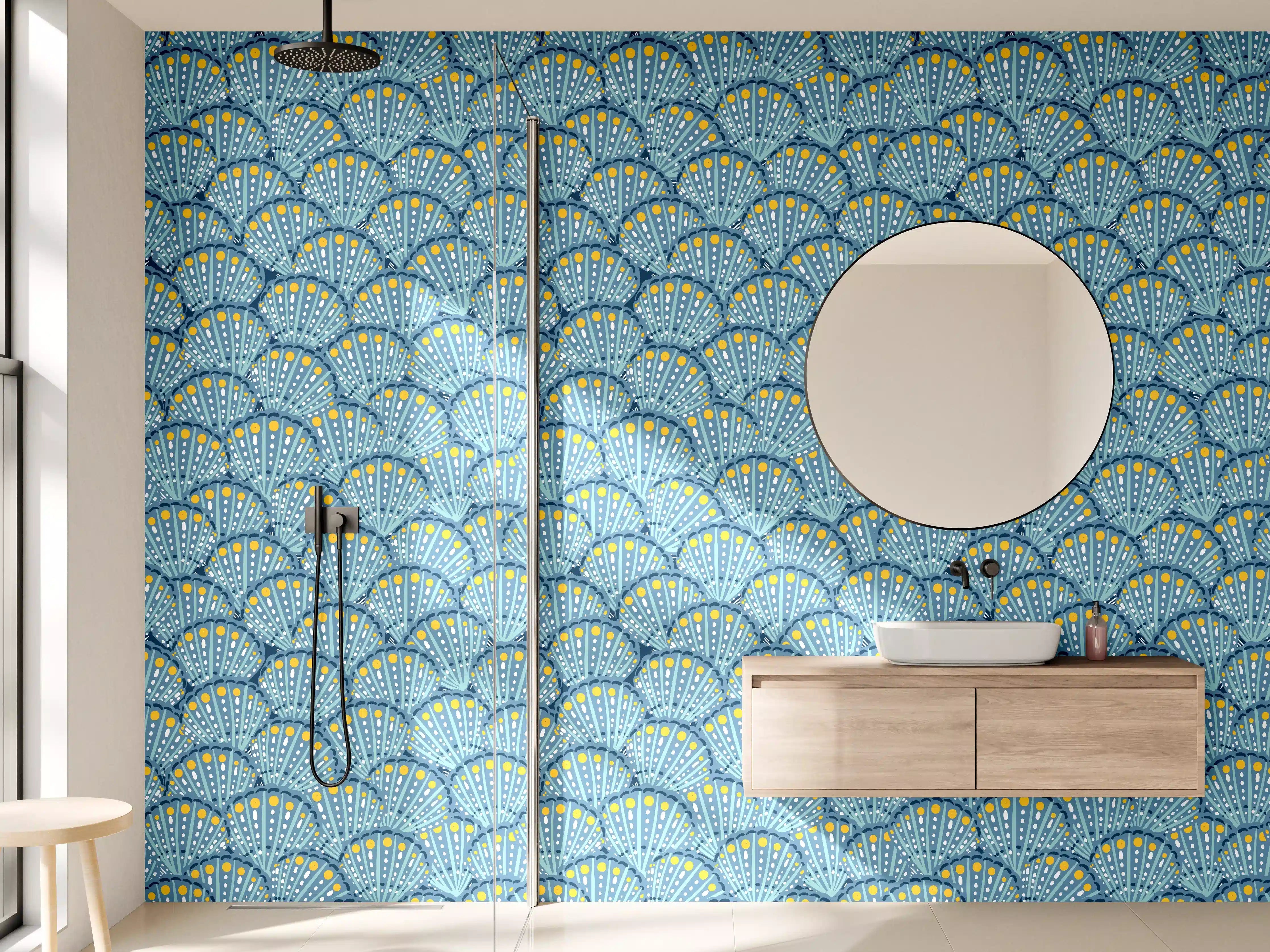 Wandverkleidung Bad - Muschel-Muster Blau-Gelb