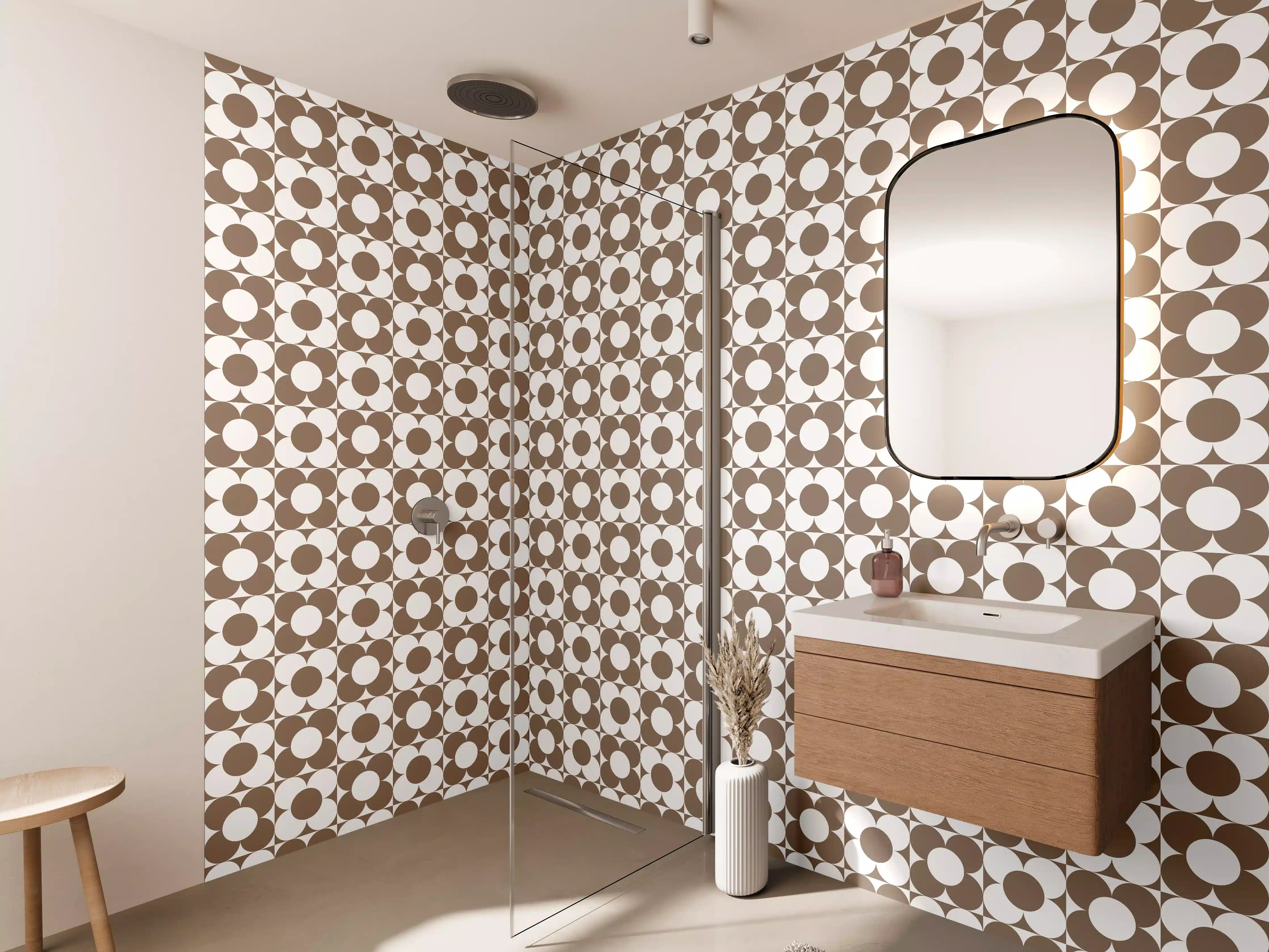 Wandverkleidung Bad - Musterhafte Bodenfliese in Braun