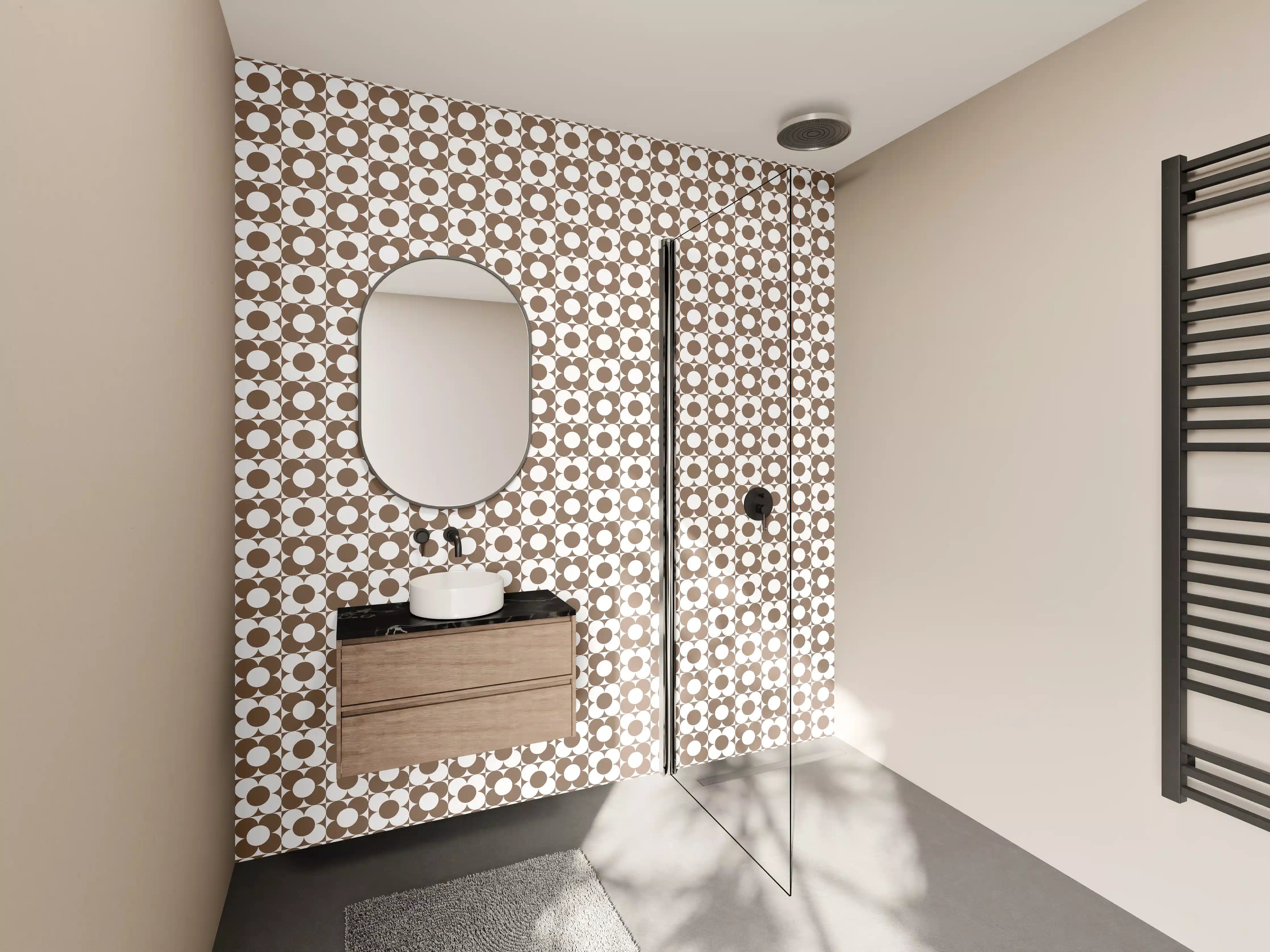 Wandverkleidung Bad - Musterhafte Bodenfliese in Braun