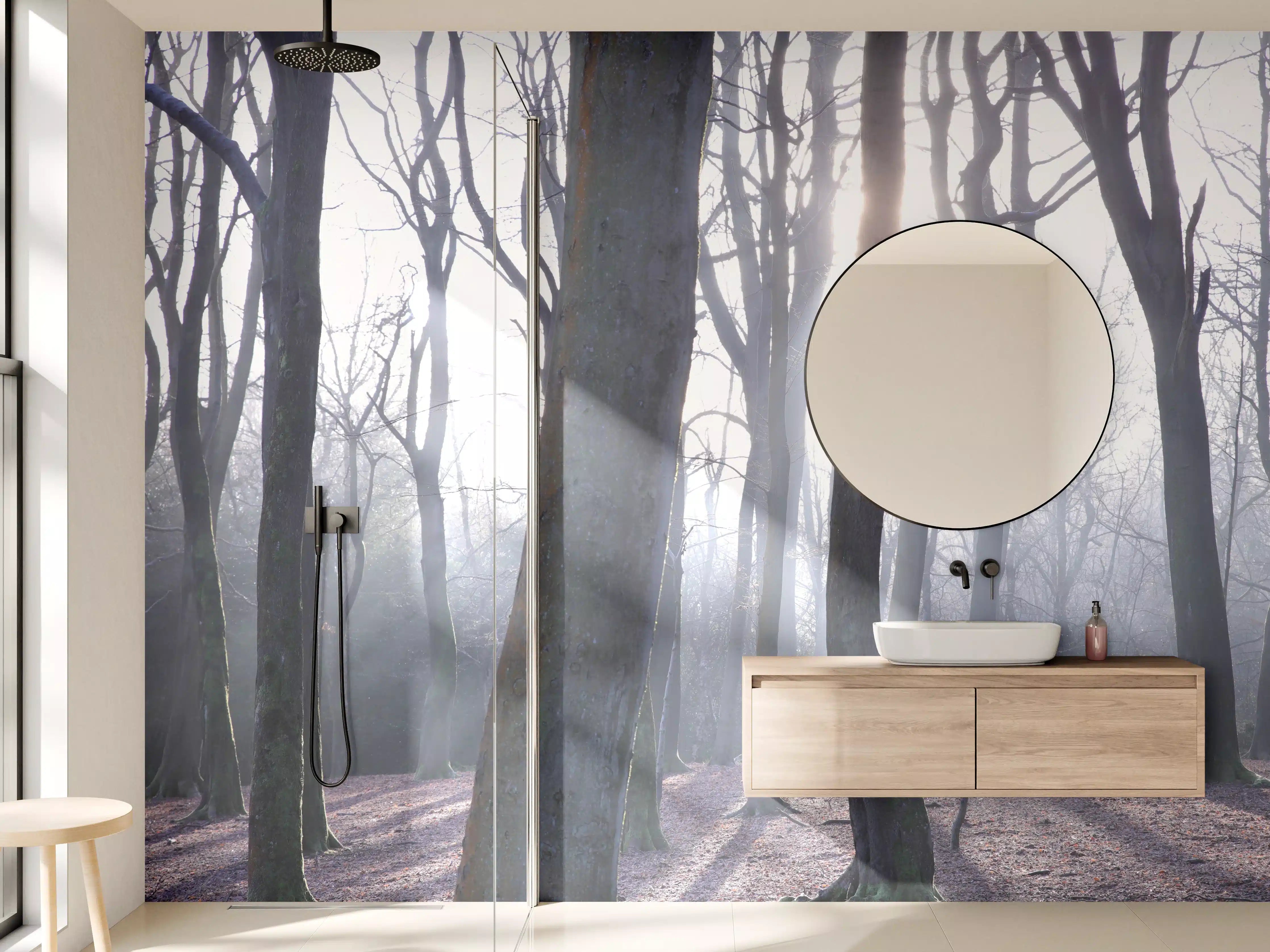 Wandverkleidung Bad - Mysterischer Morgen im Nebelwald