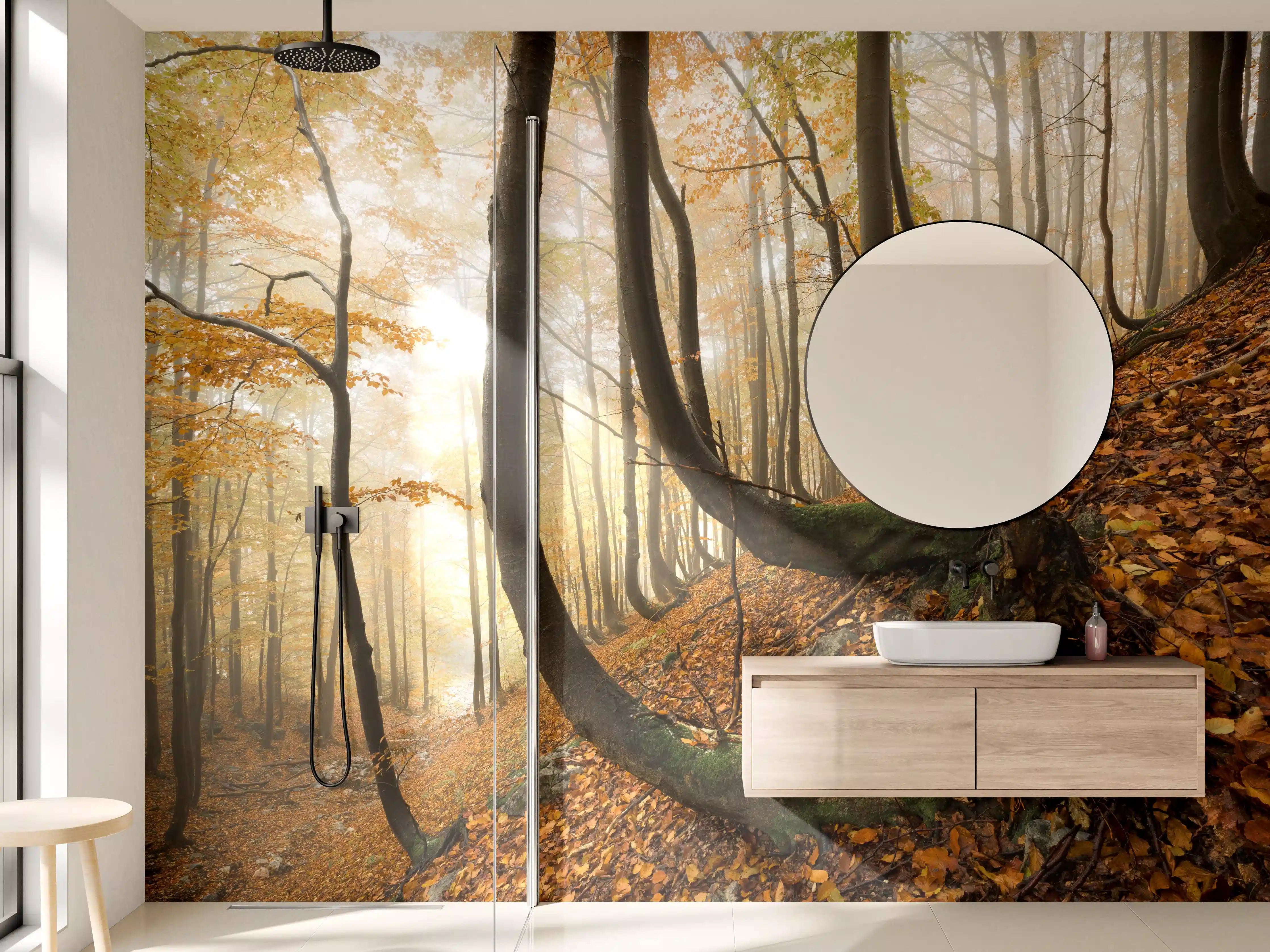 Wandverkleidung Bad - Mystischer Wald im Herbst