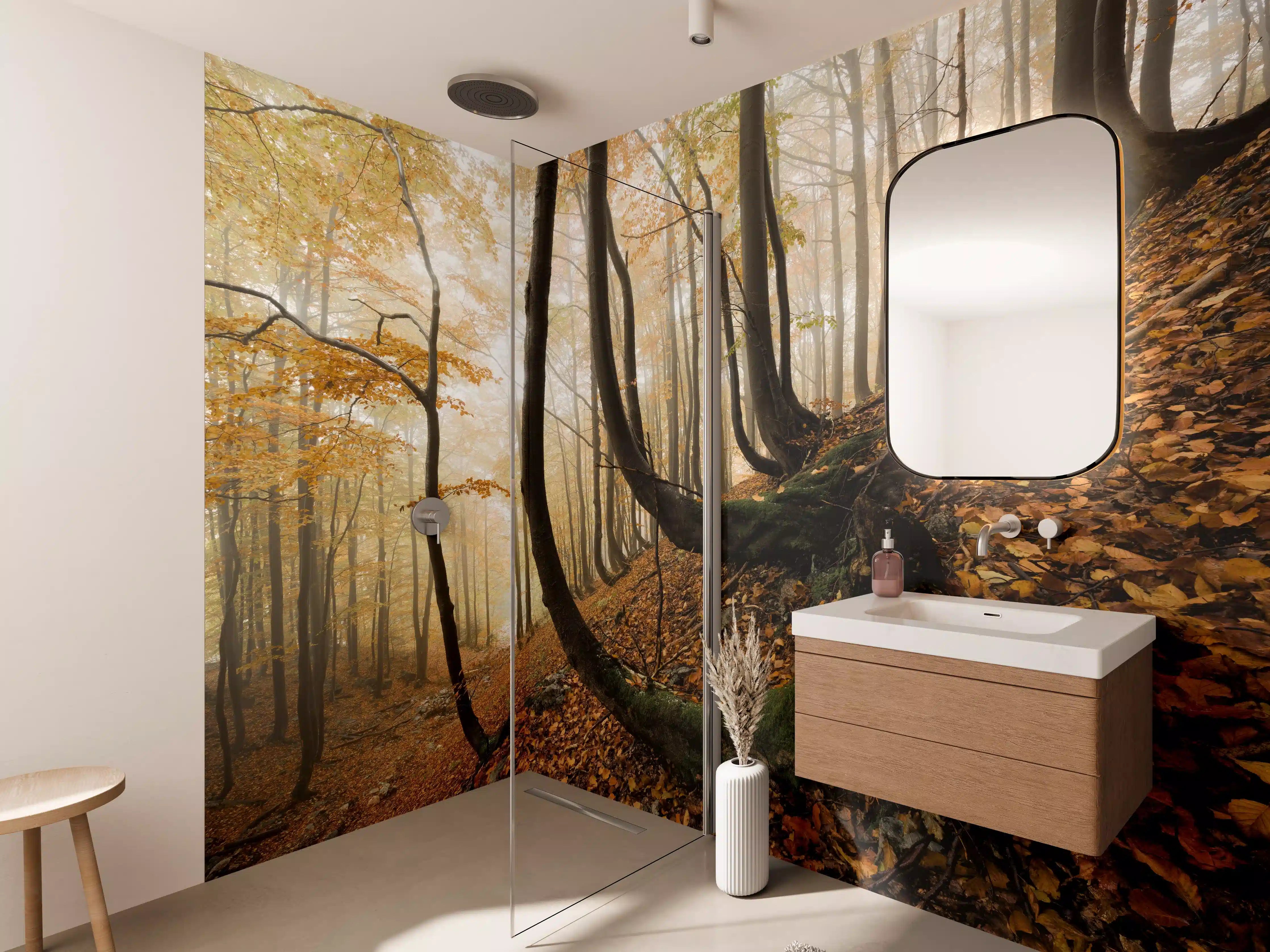 Wandverkleidung Bad - Mystischer Wald im Herbst