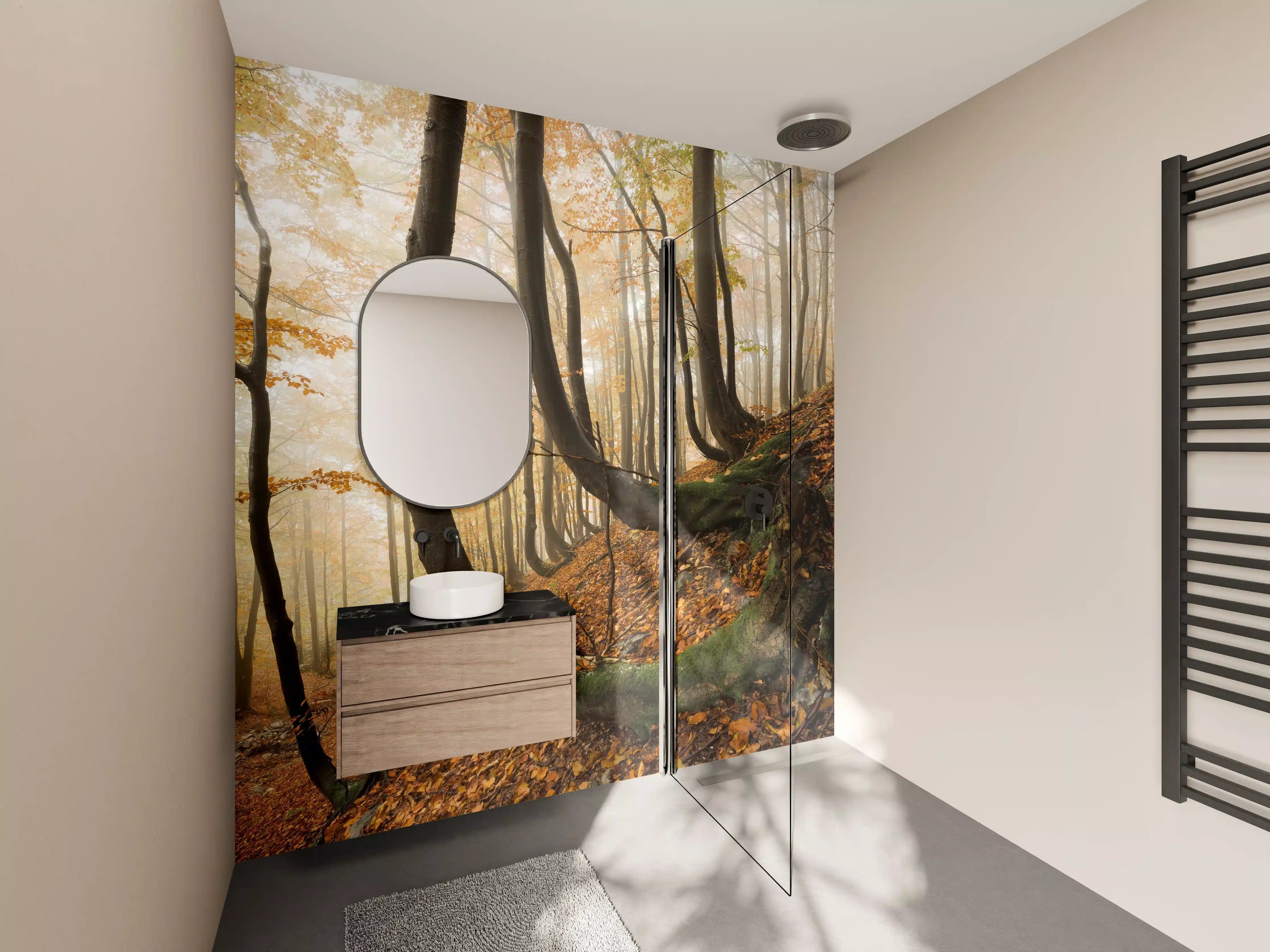 Wandverkleidung Bad - Mystischer Wald im Herbst