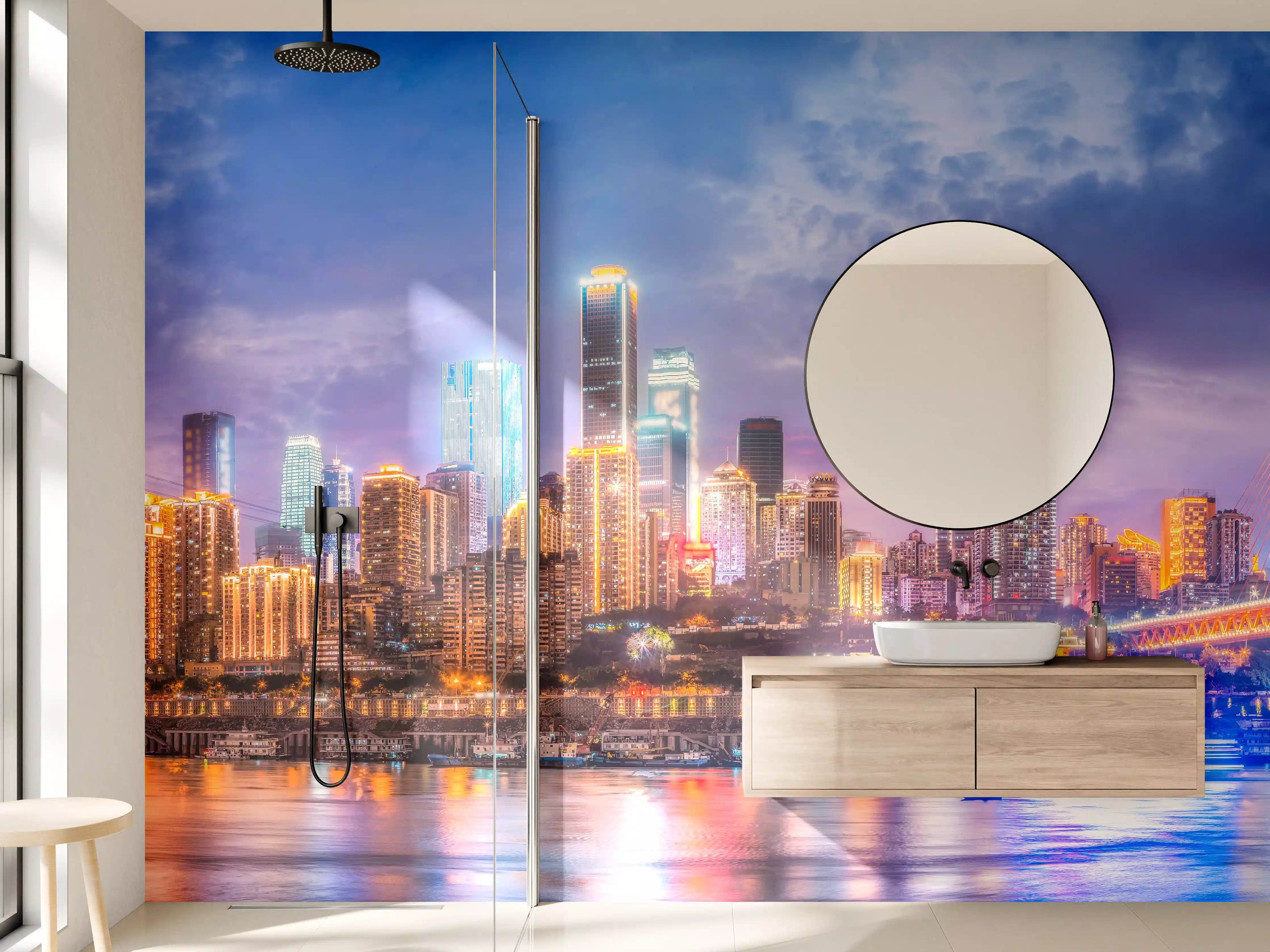 Wandverkleidung Bad - Nachtgraue Leuchtstadt