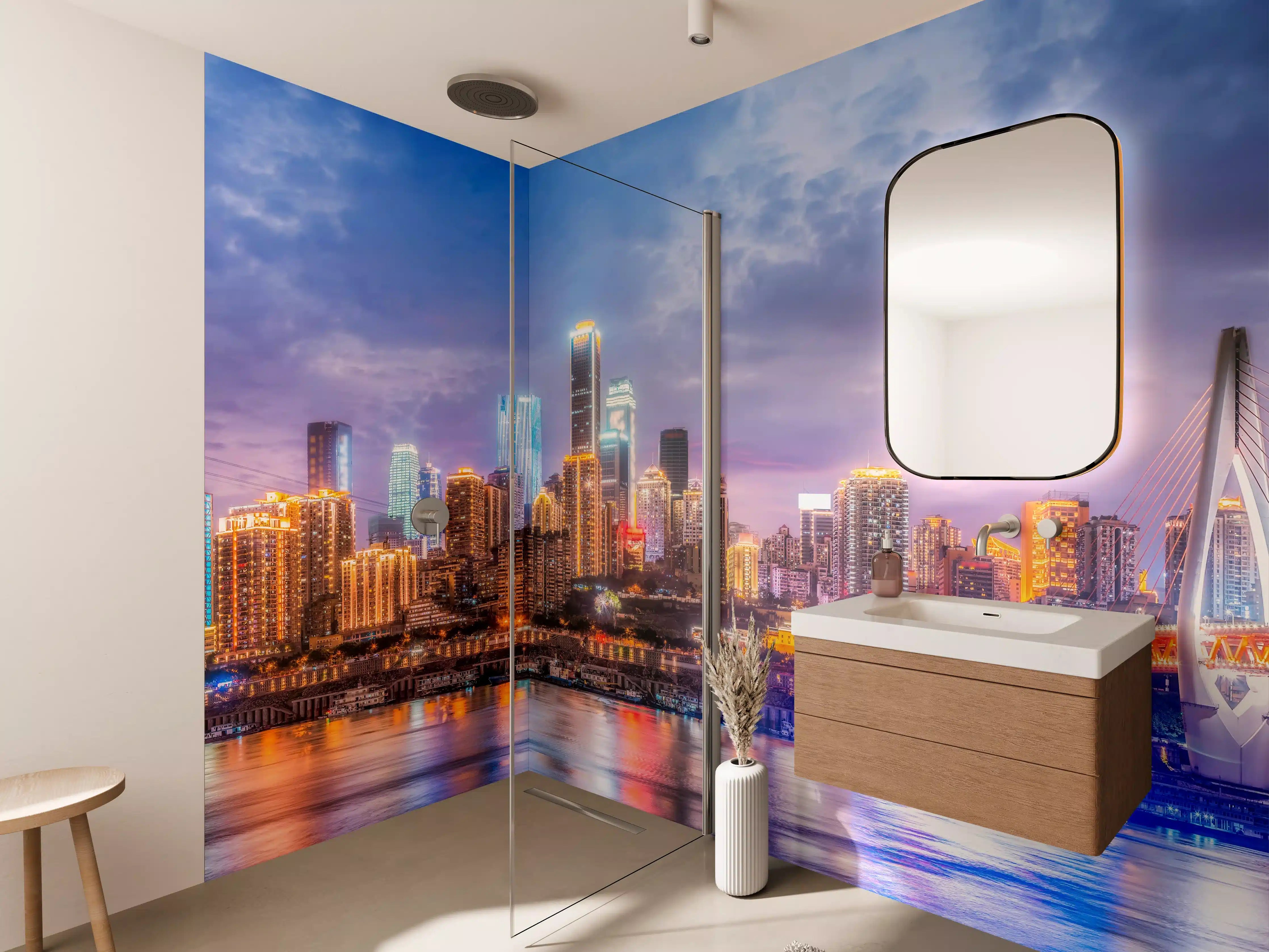 Wandverkleidung Bad - Nachtgraue Leuchtstadt