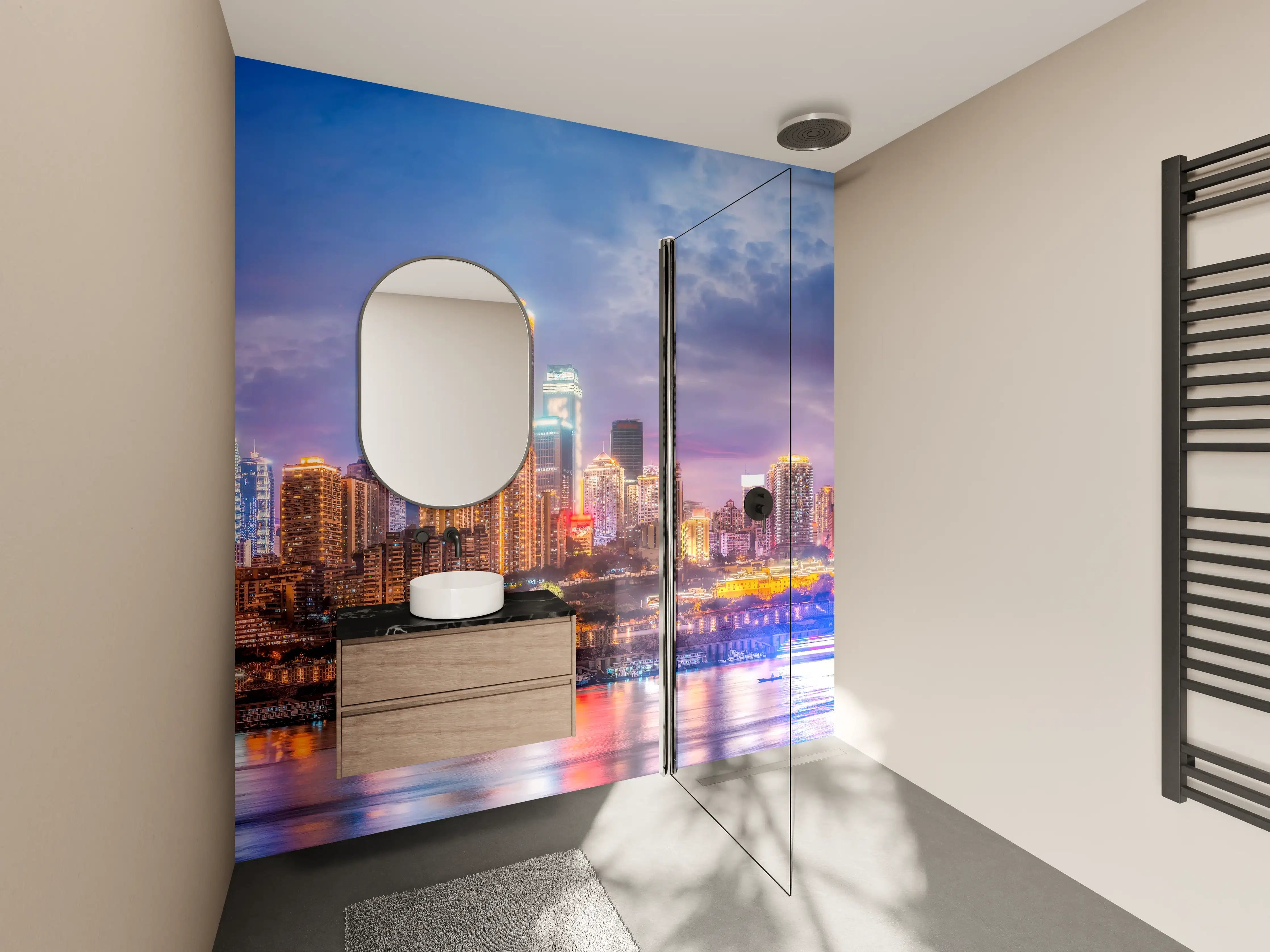 Wandverkleidung Bad - Nachtgraue Leuchtstadt