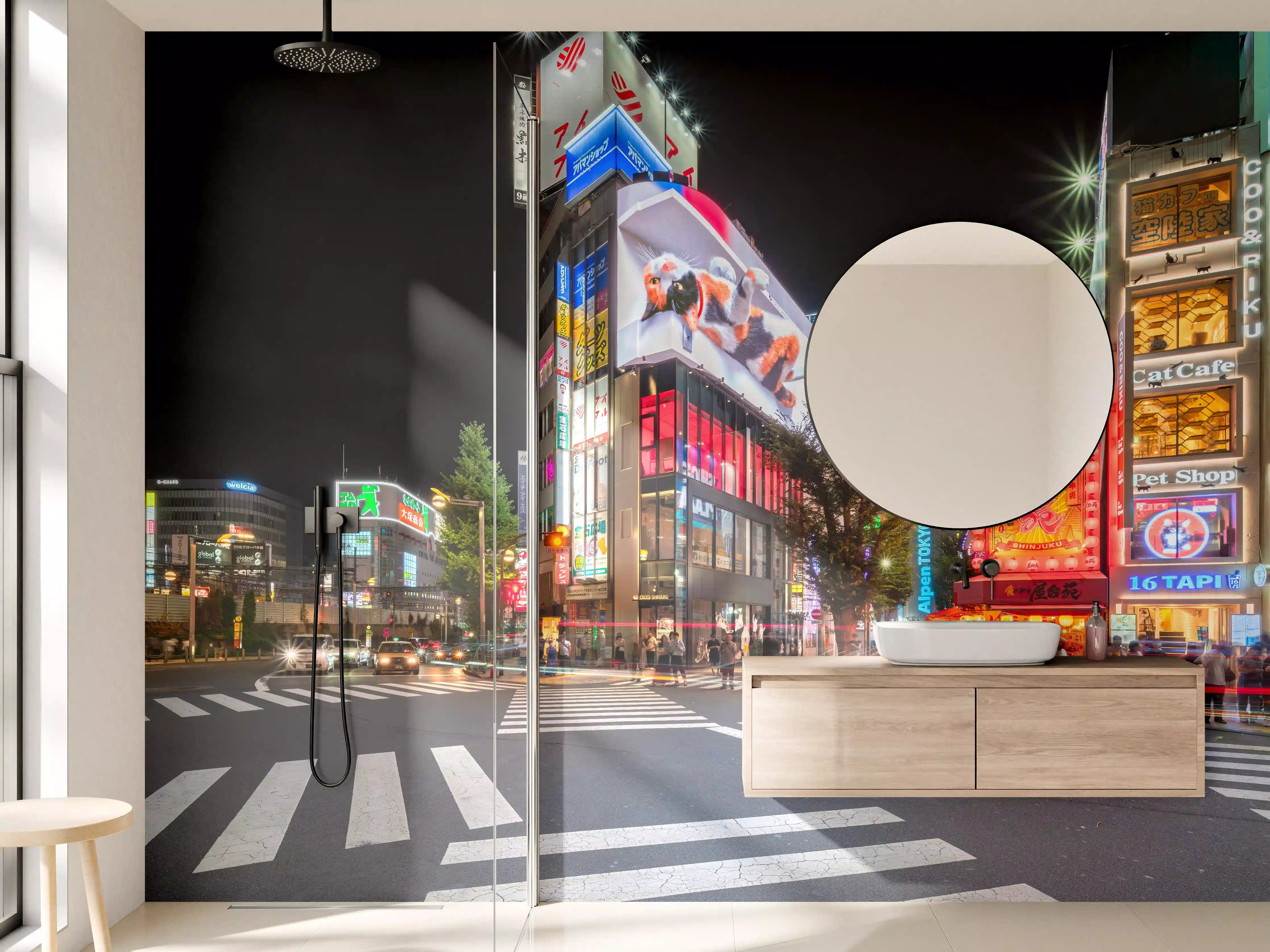 Wandverkleidung Bad - Nachtleben in einer lebhaften Stadt mit leuchtenden Werbetafeln