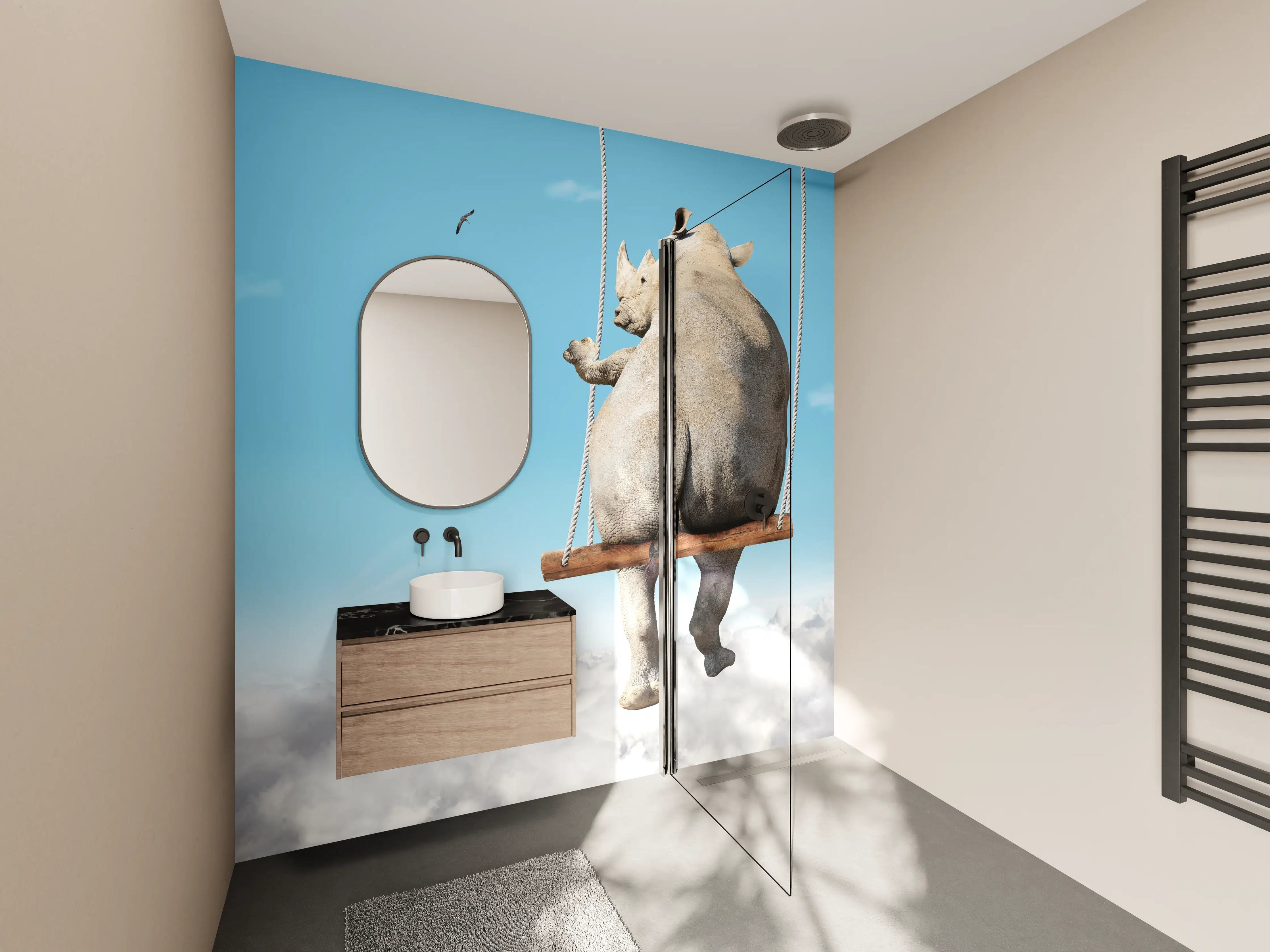 Wandverkleidung Bad - Nashorn schaukelt über den Wolken