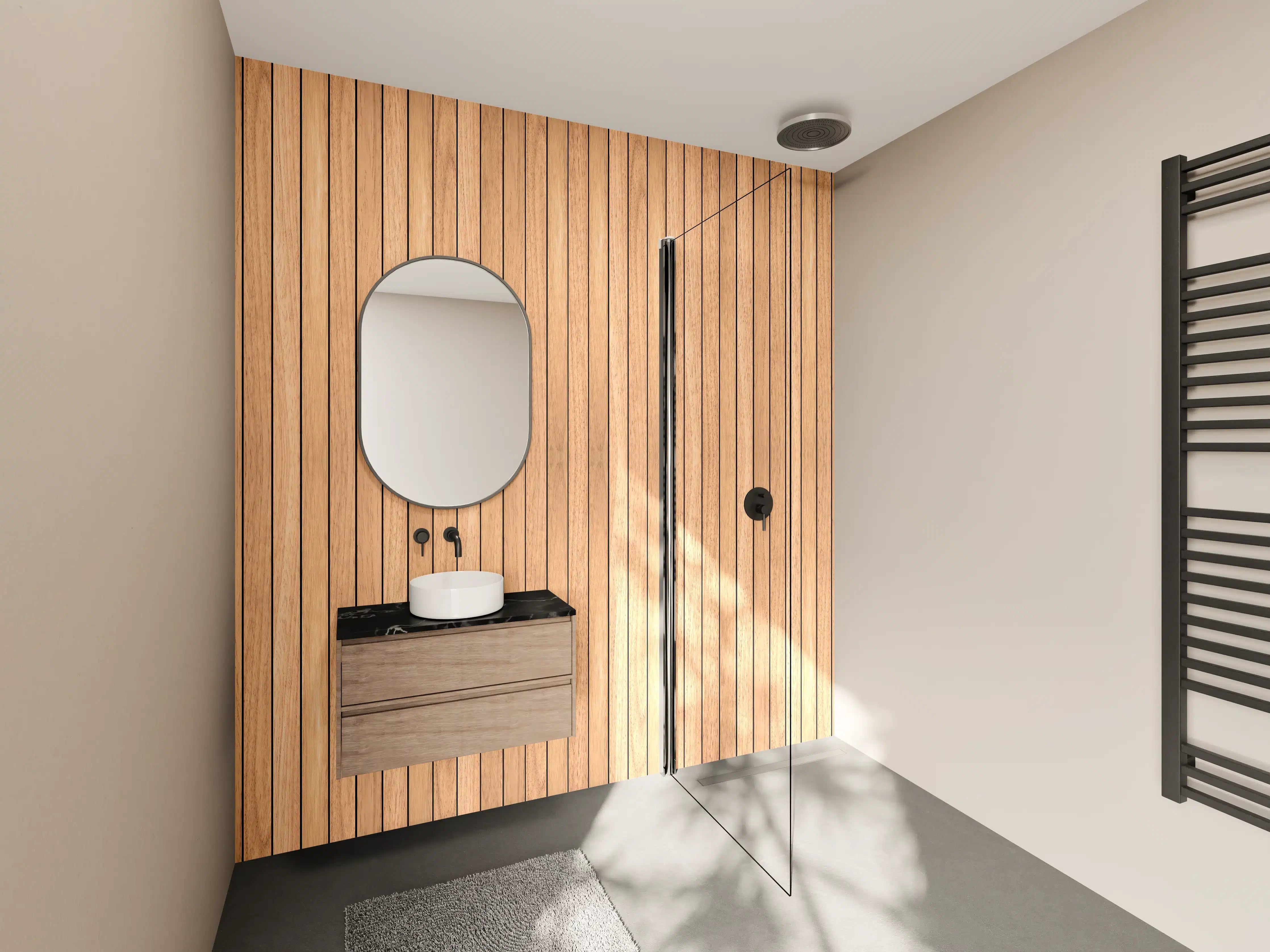 Wandverkleidung Bad - Natürliche Holzoptik mit Grautönen