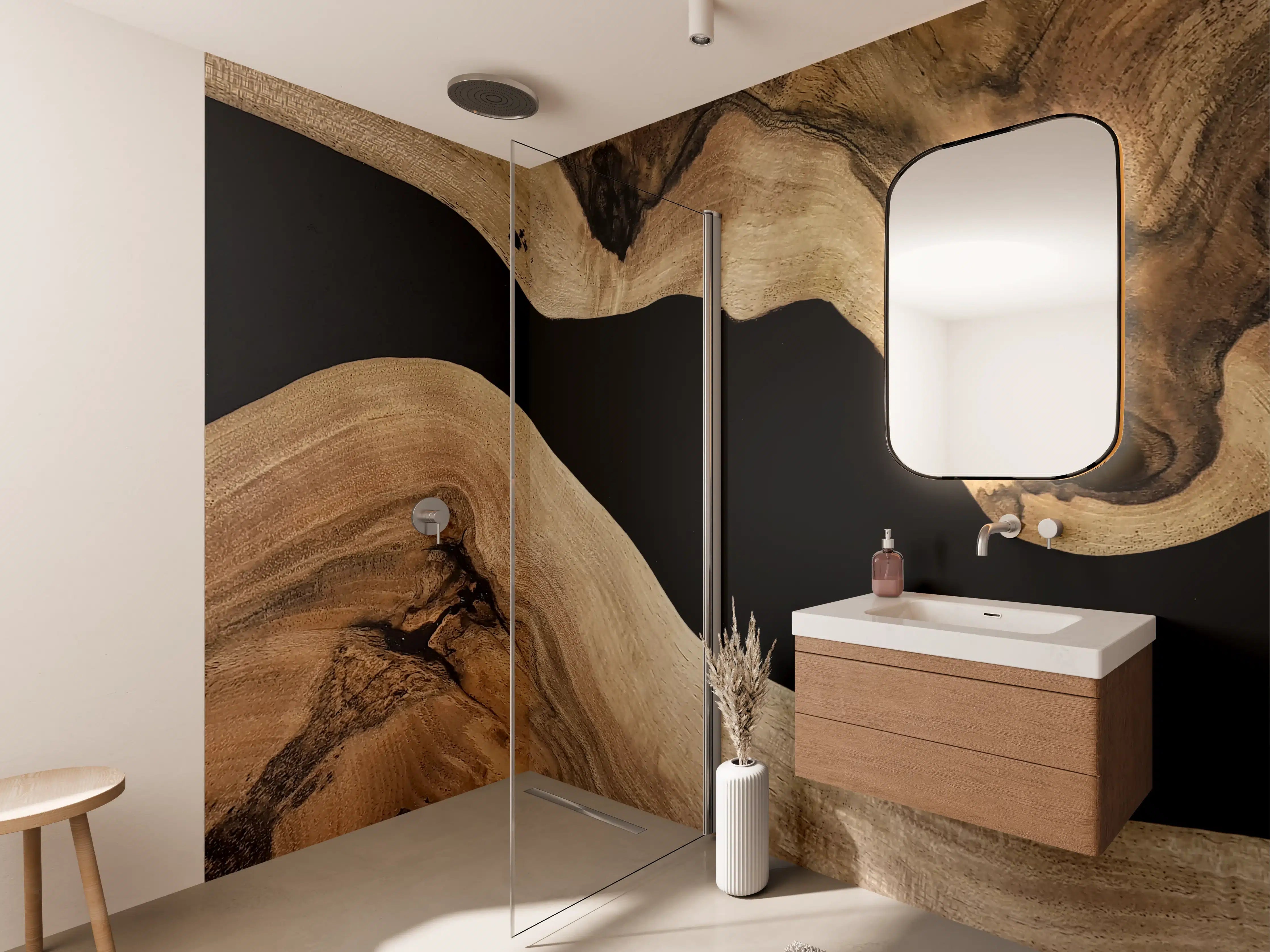Wandverkleidung Bad - Natürliche Holzstruktur in dunklen Tönen