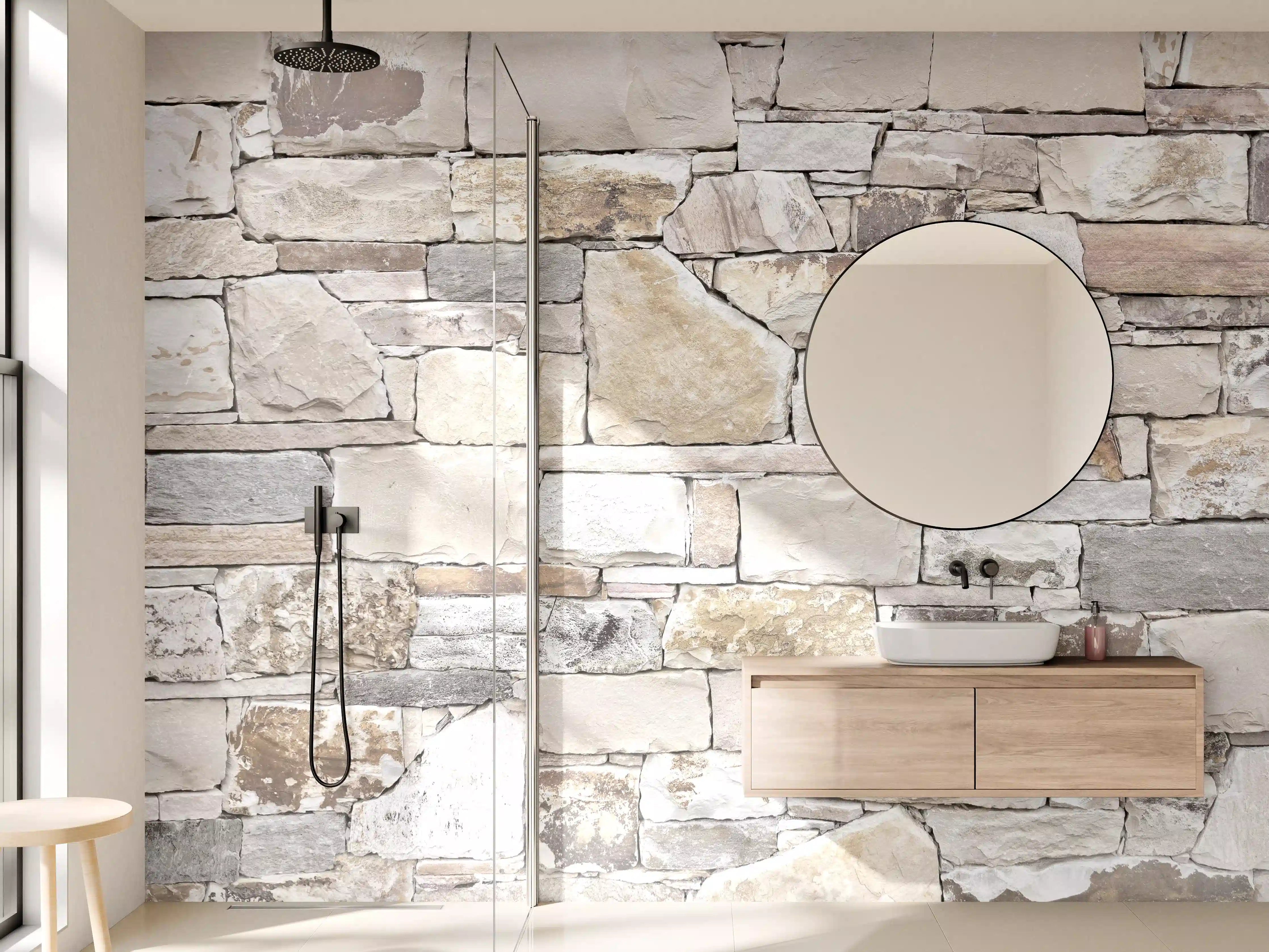 Wandverkleidung Bad - Natürliche Steinmauer in Beige Tönen
