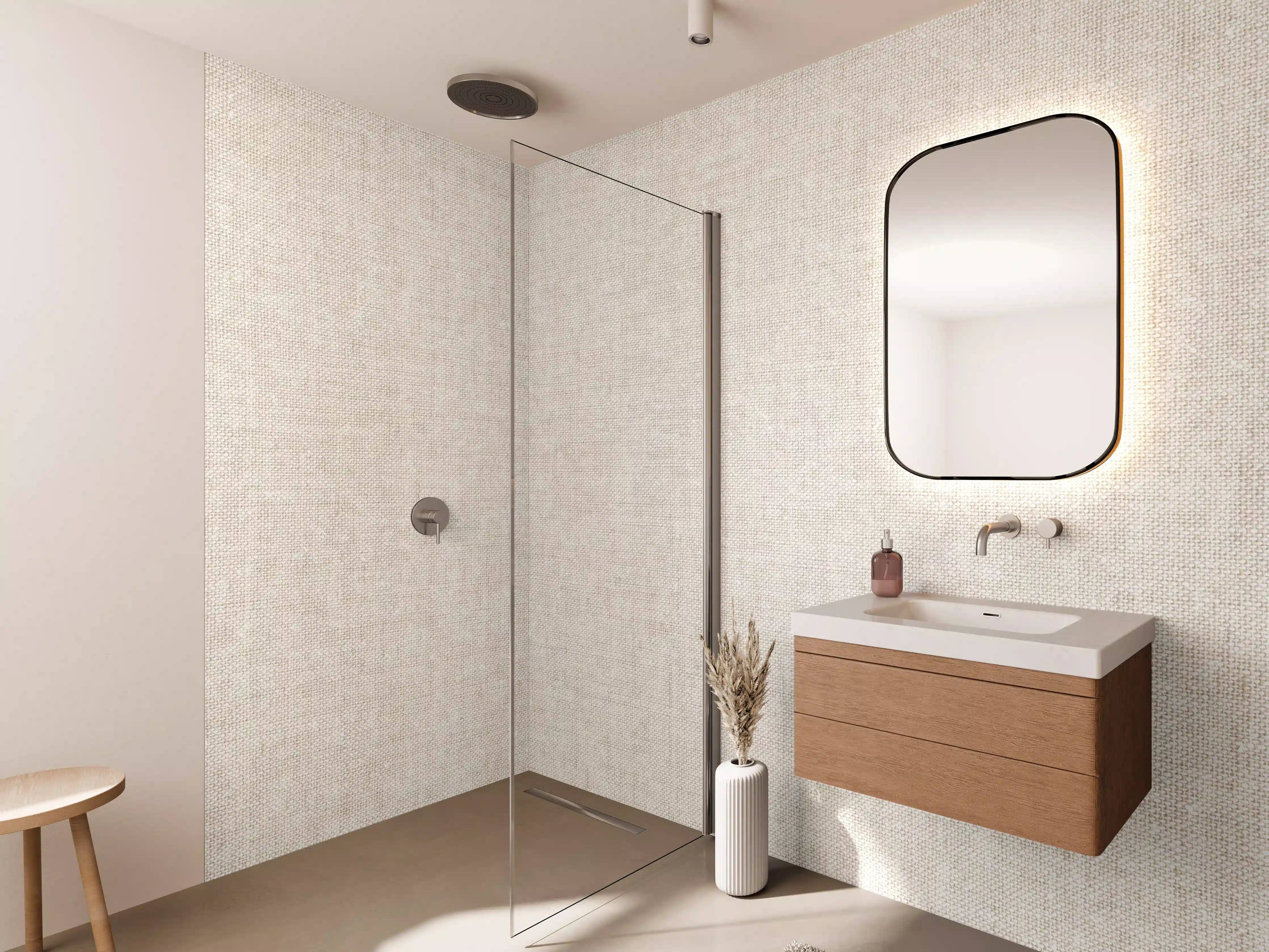 Wandverkleidung Bad - Naturbelassene Stofftextur in Grau-Beige