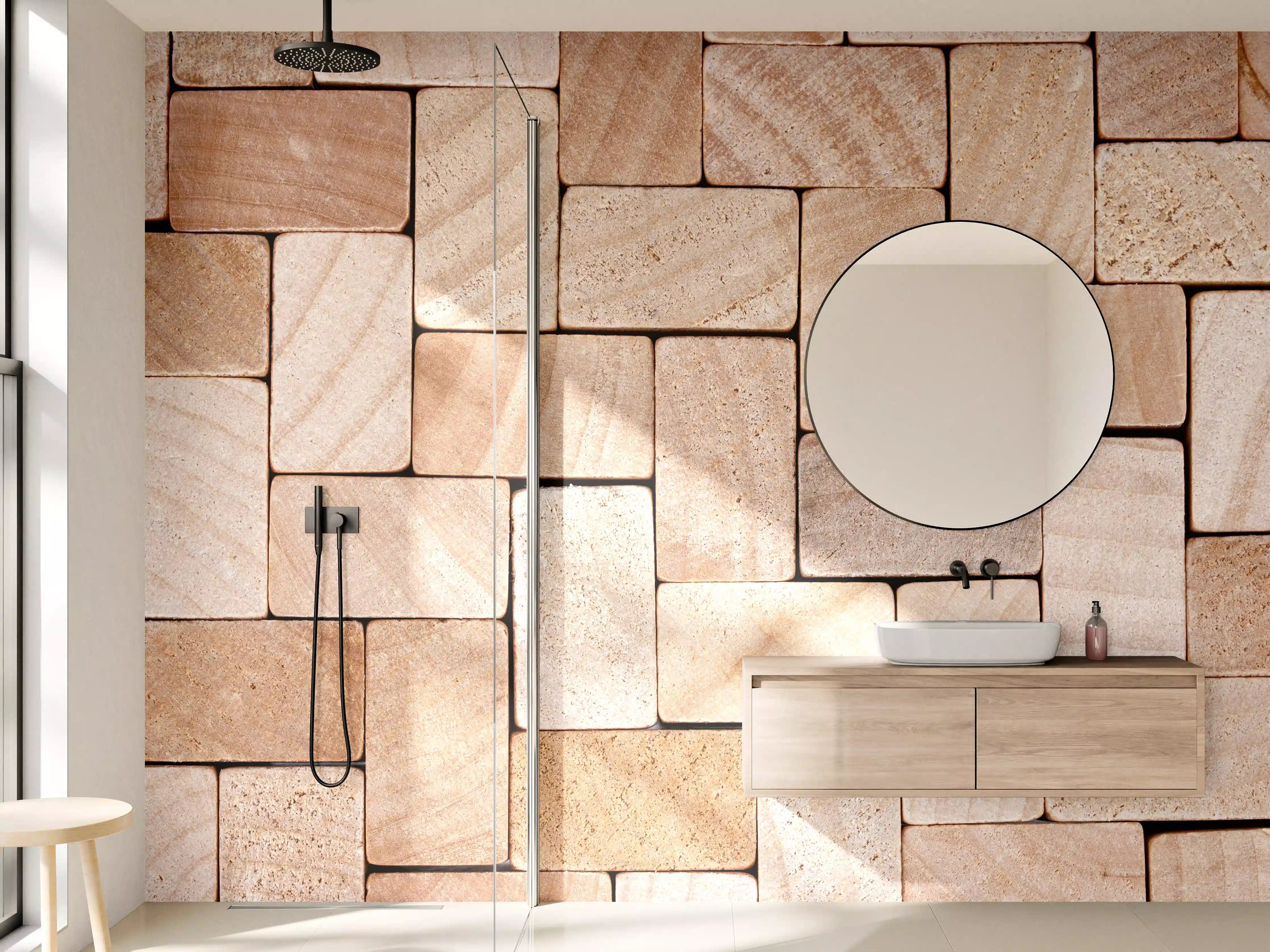 Wandverkleidung Bad - Naturbelassenes Holzfliesen-Design