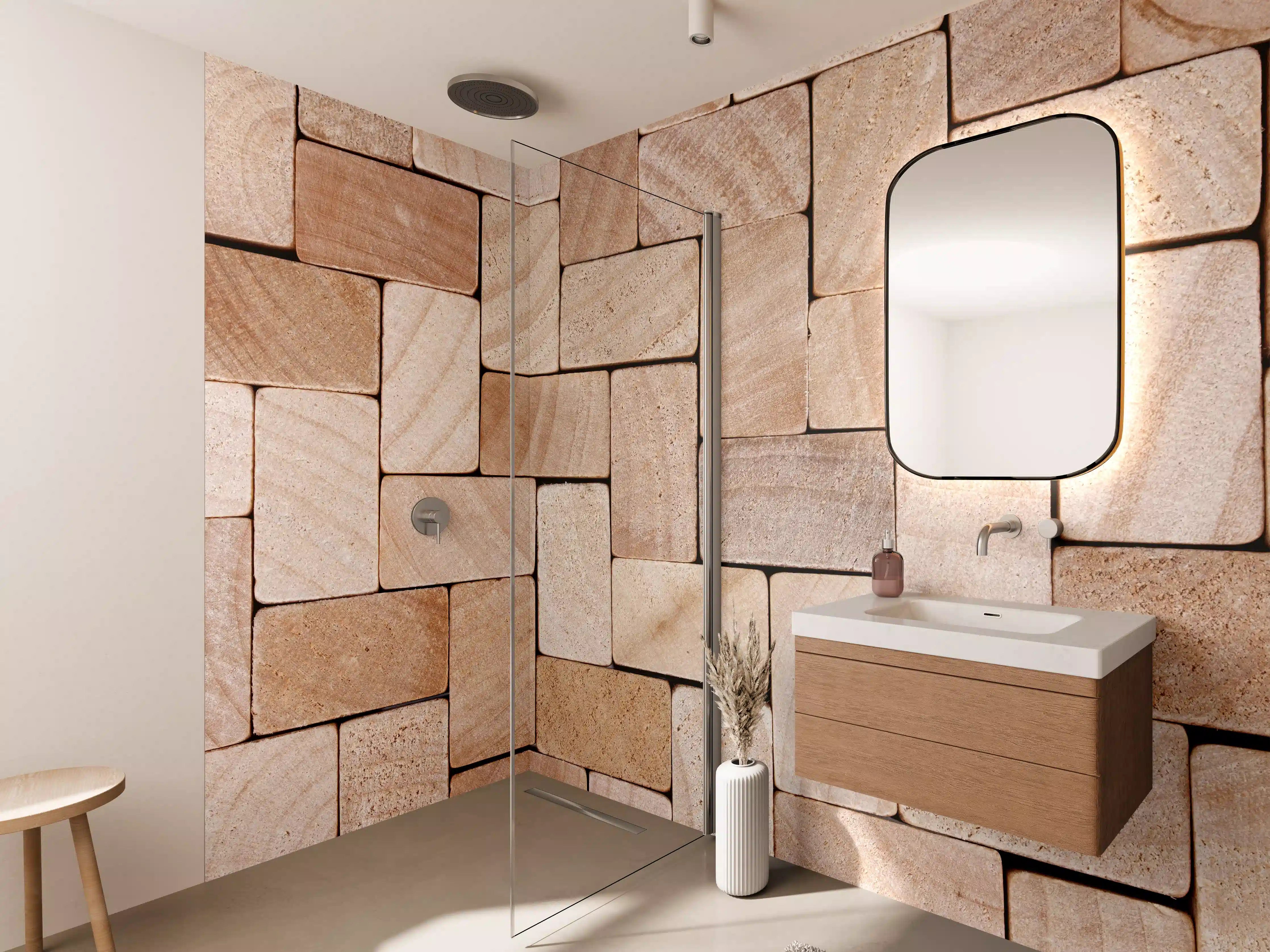 Wandverkleidung Bad - Naturbelassenes Holzfliesen-Design