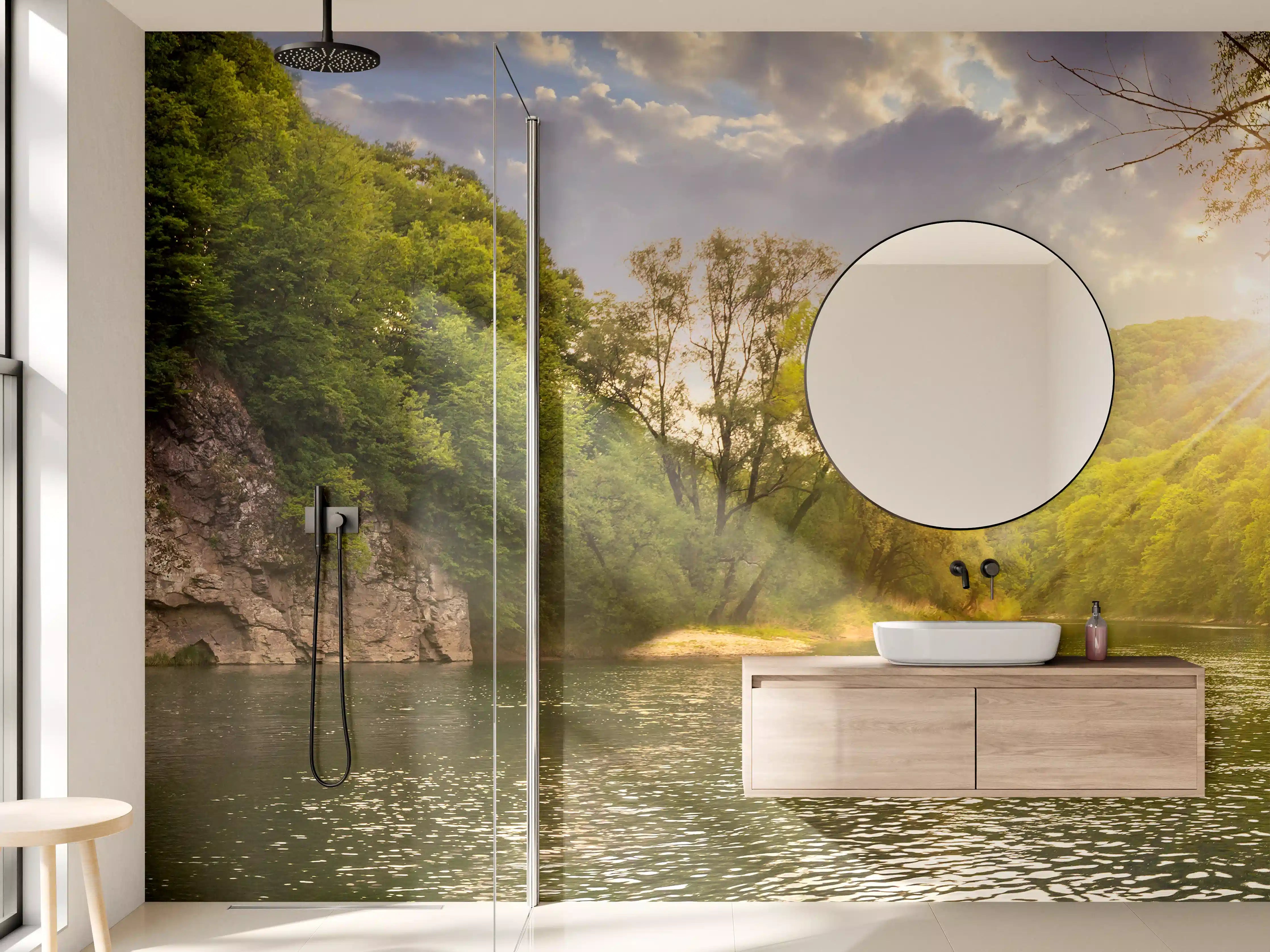 Wandverkleidung Bad - Naturidyll am Fluss mit Sonnenlicht