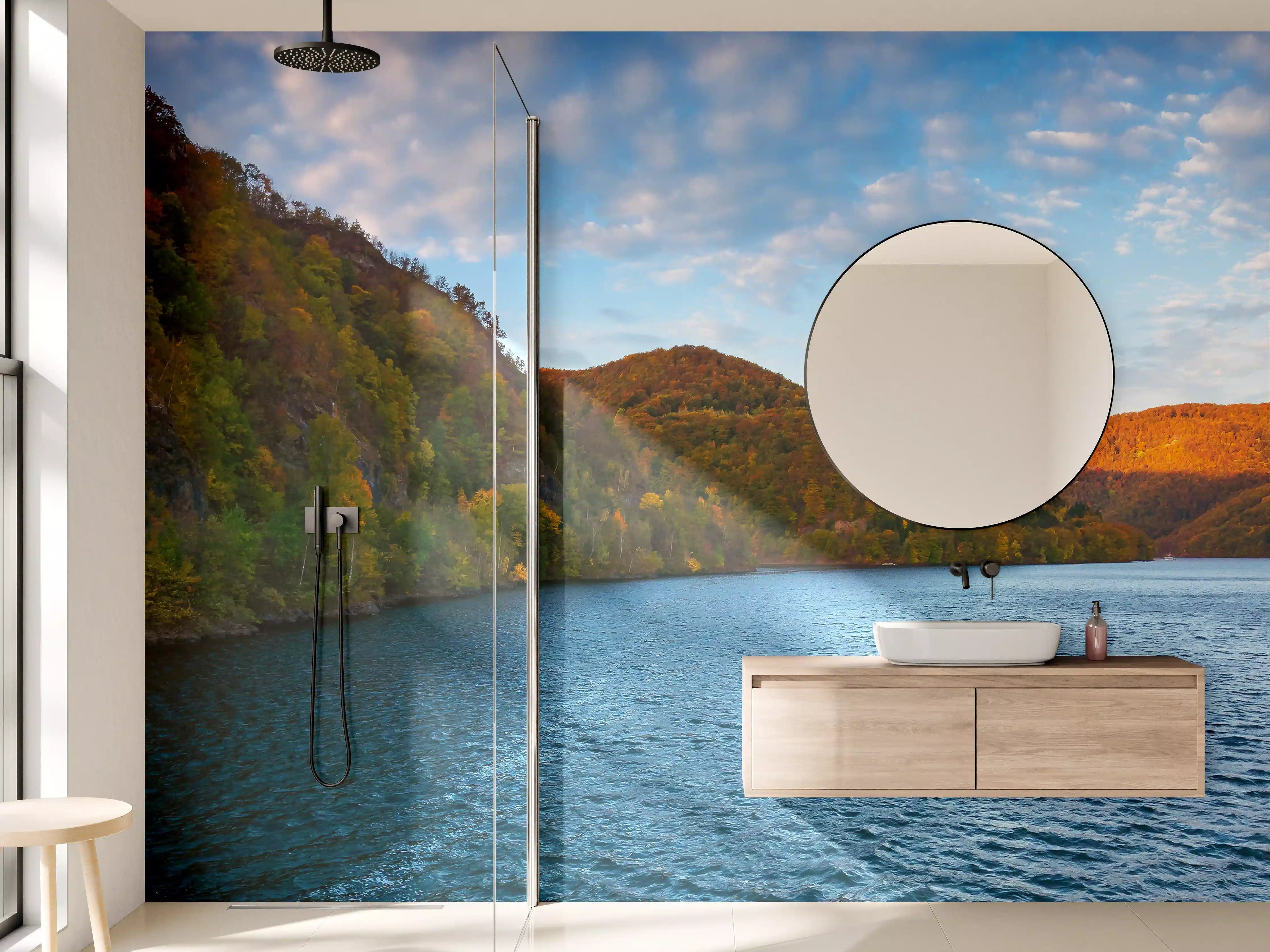 Wandverkleidung Bad - Naturkulisse am Fluss mit Bergen
