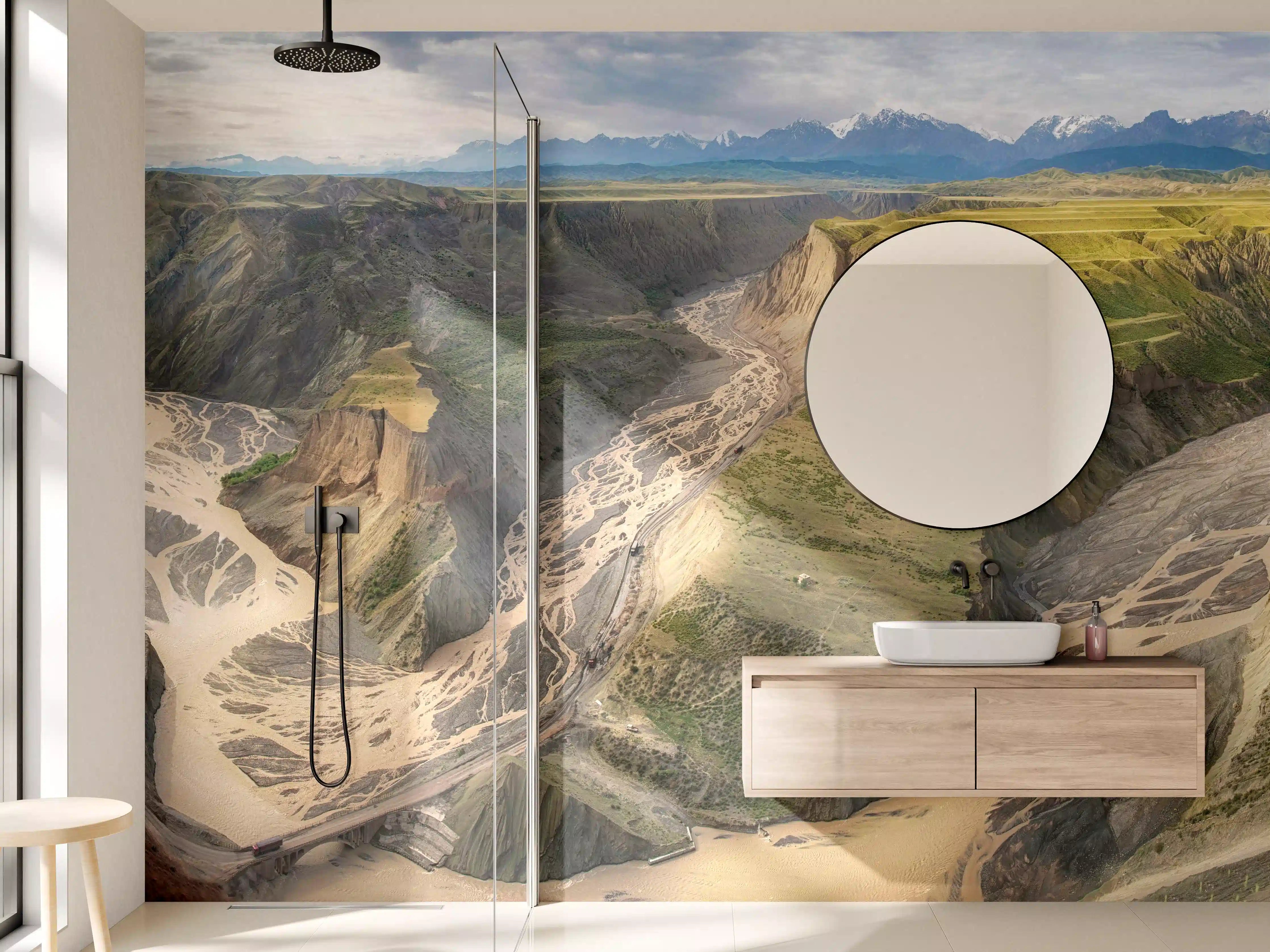 Wandverkleidung Bad - Naturpanorama mit Fluss und Bergen