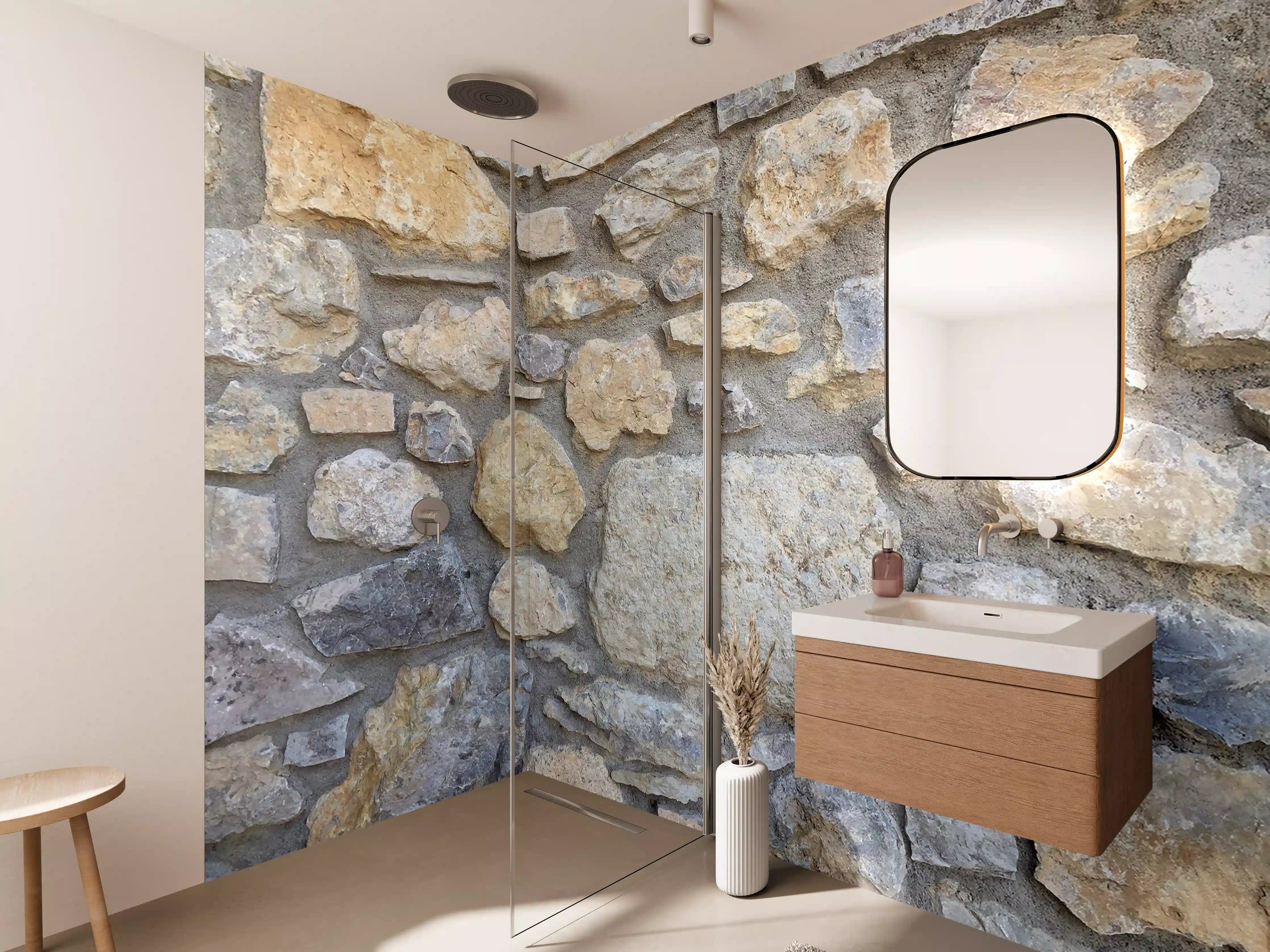 Wandverkleidung Bad - Naturstein Mauer mit beige-hellgrauen Tönen