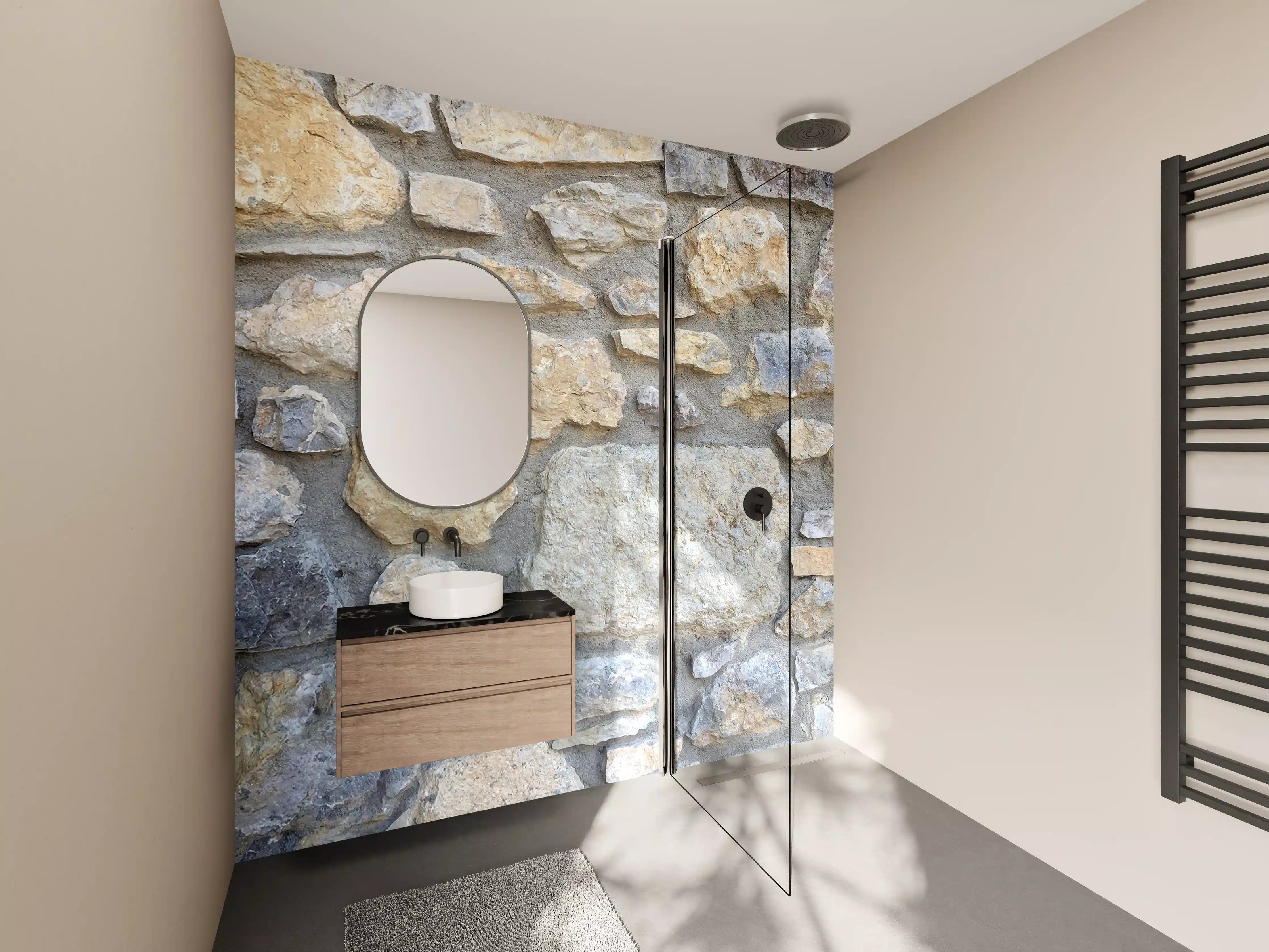 Wandverkleidung Bad - Naturstein Mauer mit beige-hellgrauen Tönen