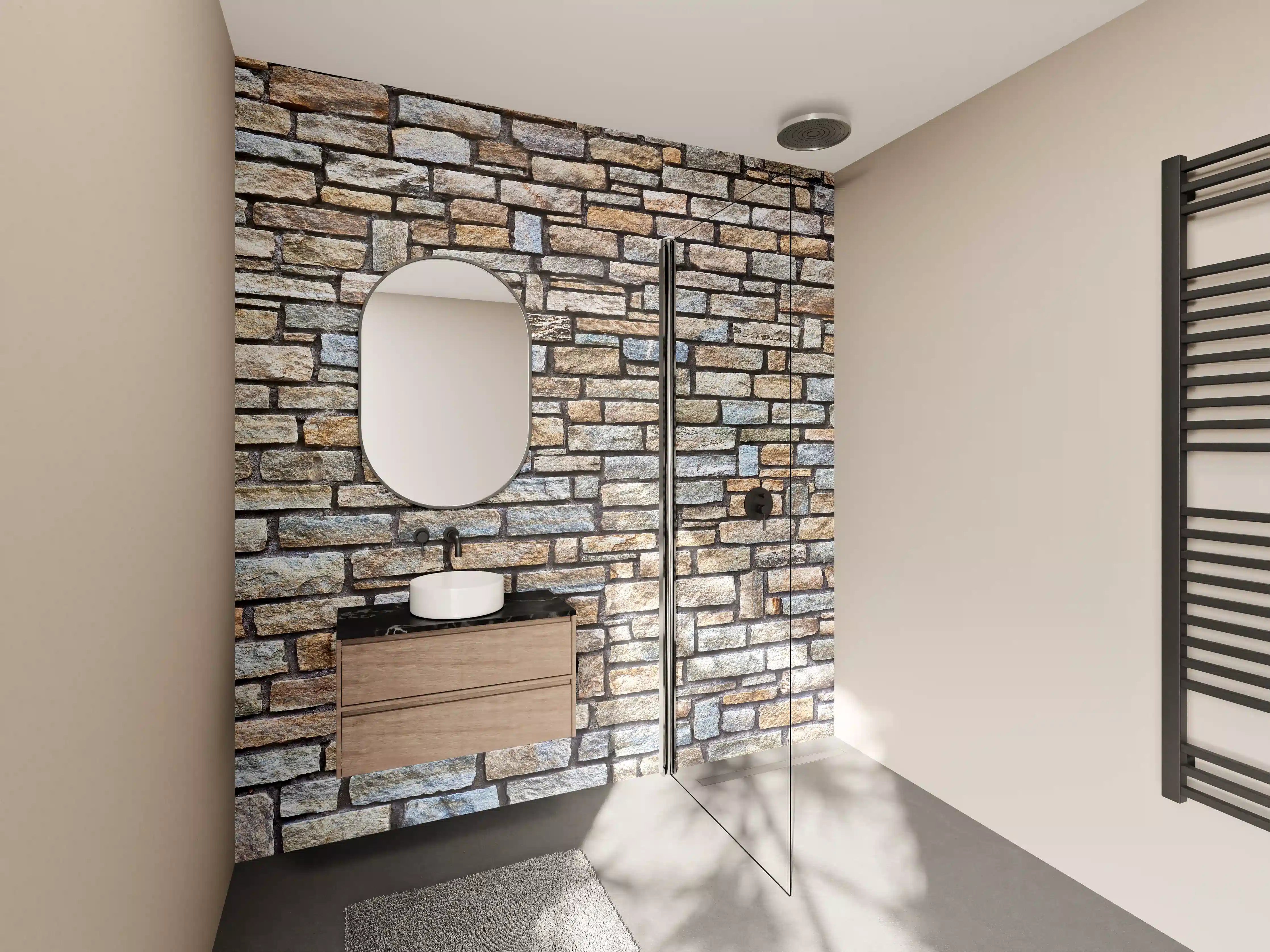 Wandverkleidung Bad - Naturstein Mauertextur mit warmen Erdtönen