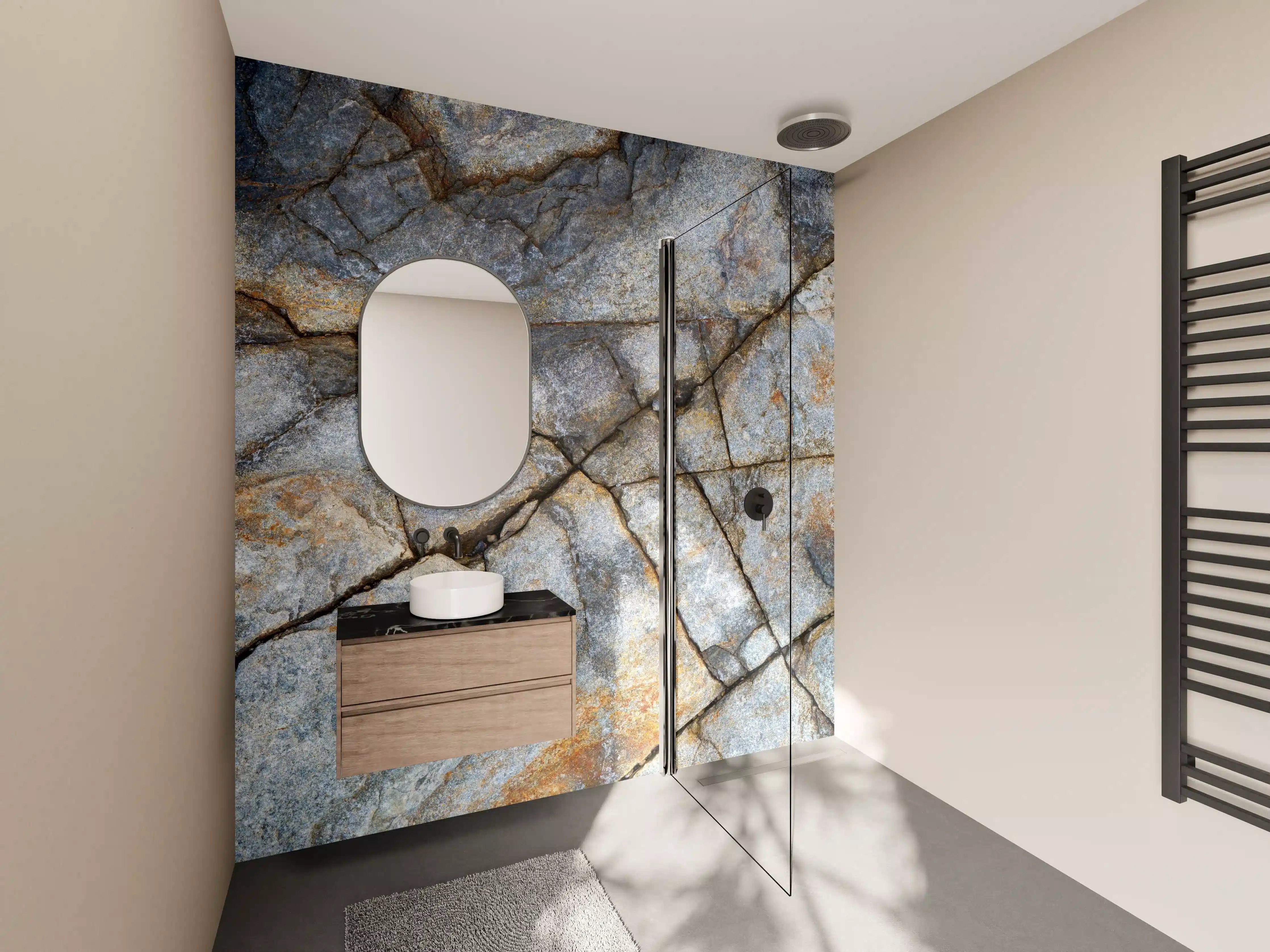 Wandverkleidung Bad - Naturstein-Textur mit Rissen und Erdfarben