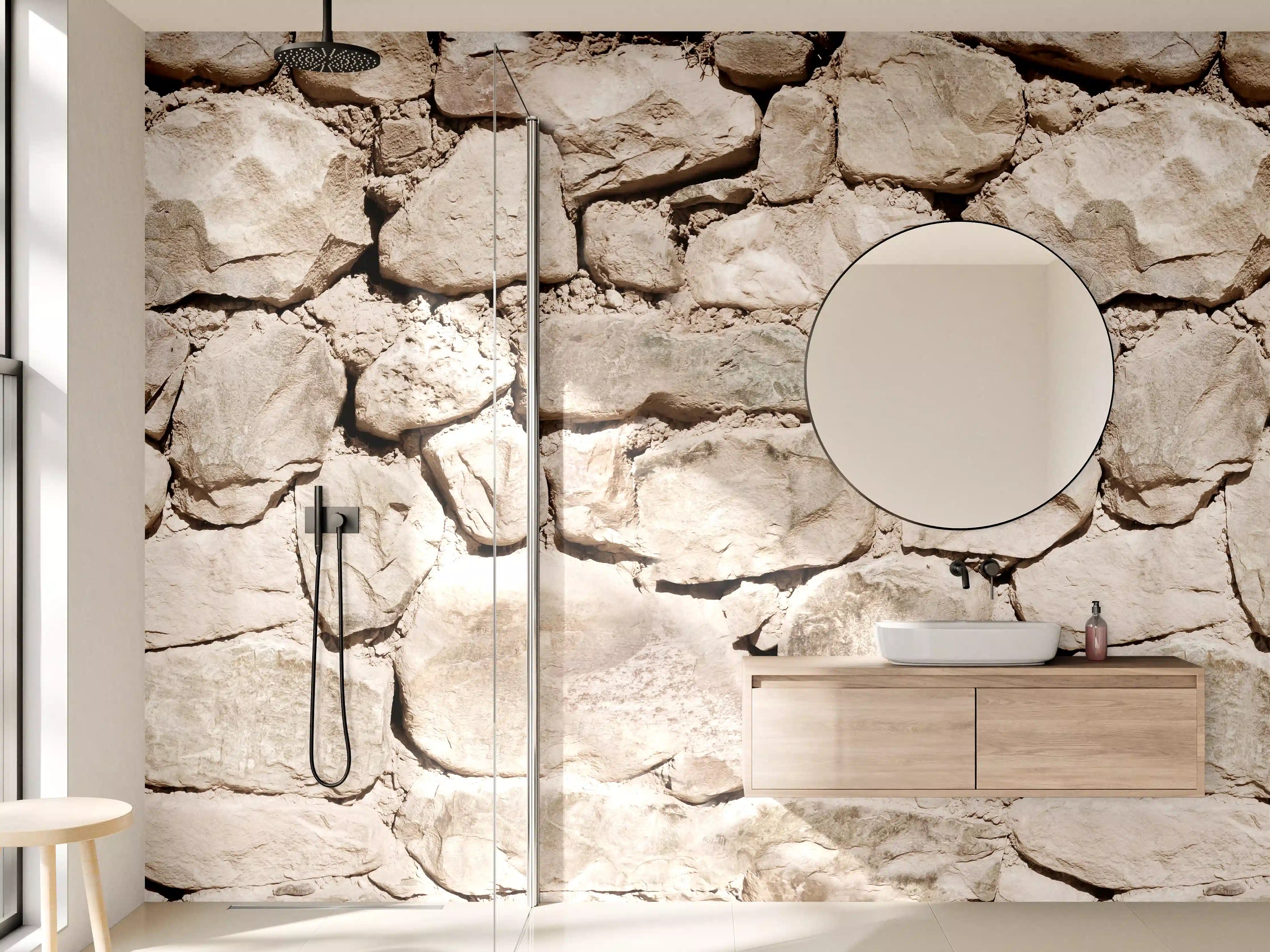 Wandverkleidung Bad - Natursteinmauer in Beige-Tönen