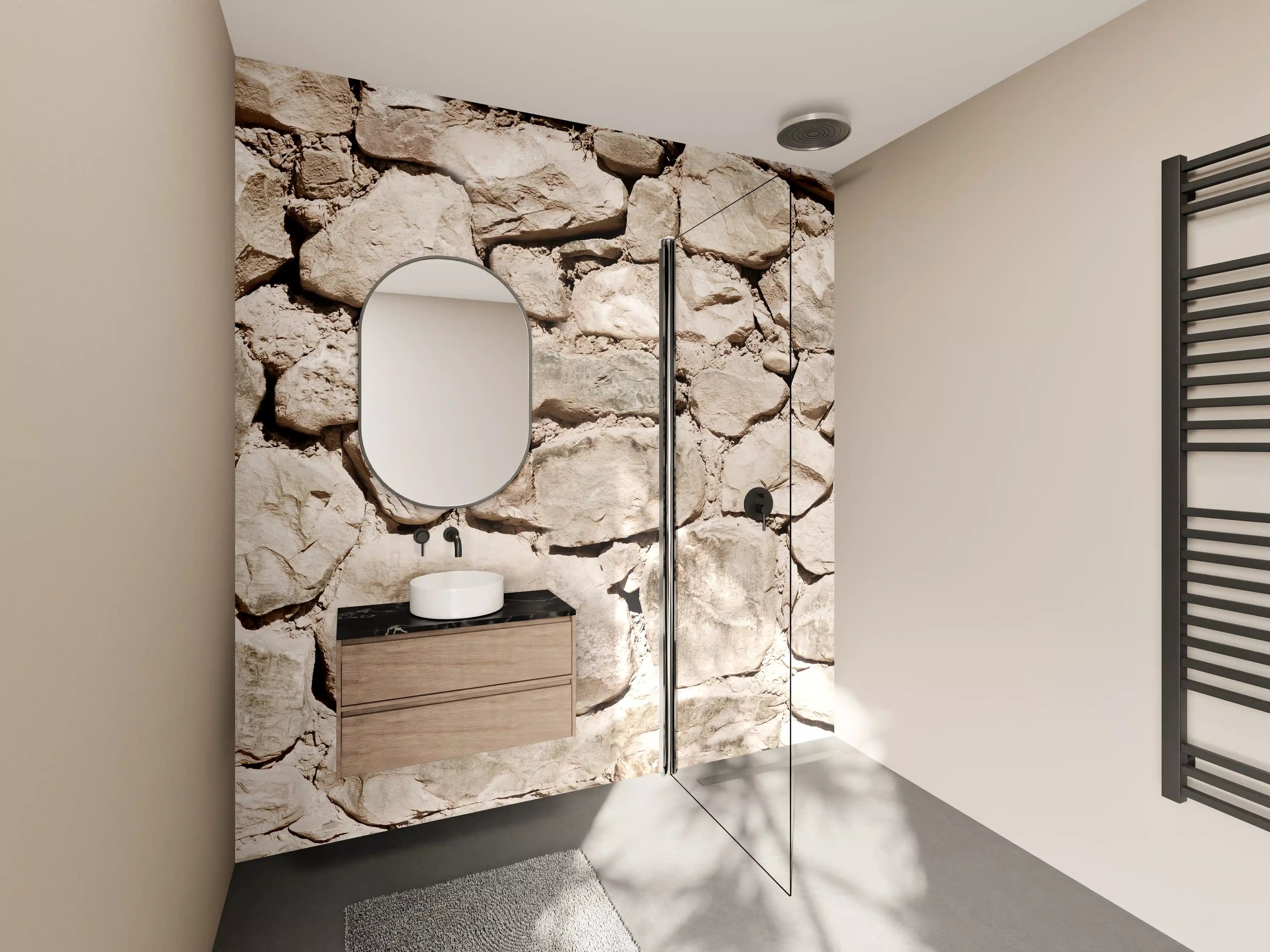 Wandverkleidung Bad - Natursteinmauer in Beige-Tönen