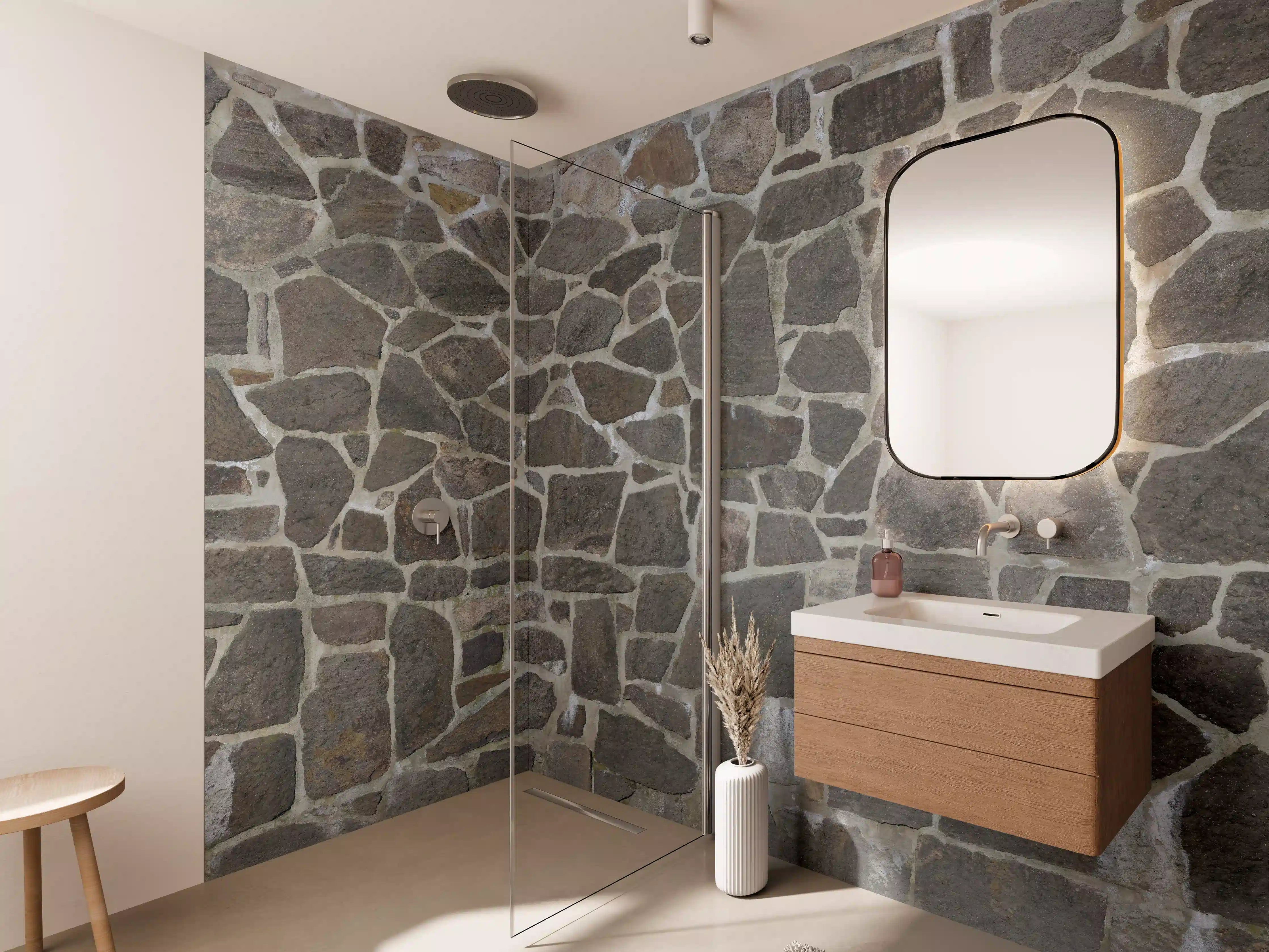 Wandverkleidung Bad - Natursteinmauer in Grau mit unregelmäßiger Struktur