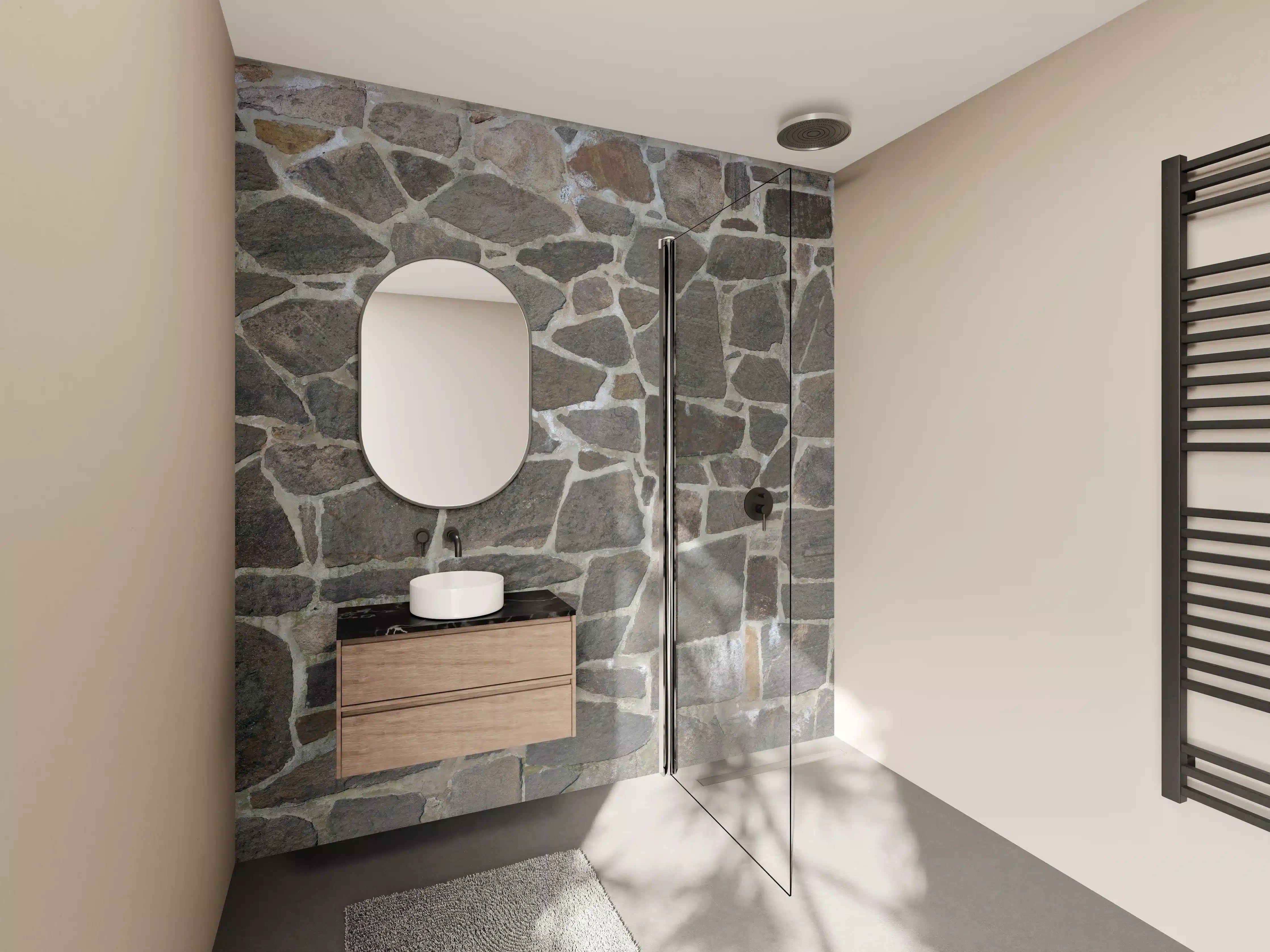 Wandverkleidung Bad - Natursteinmauer in Grau mit unregelmäßiger Struktur