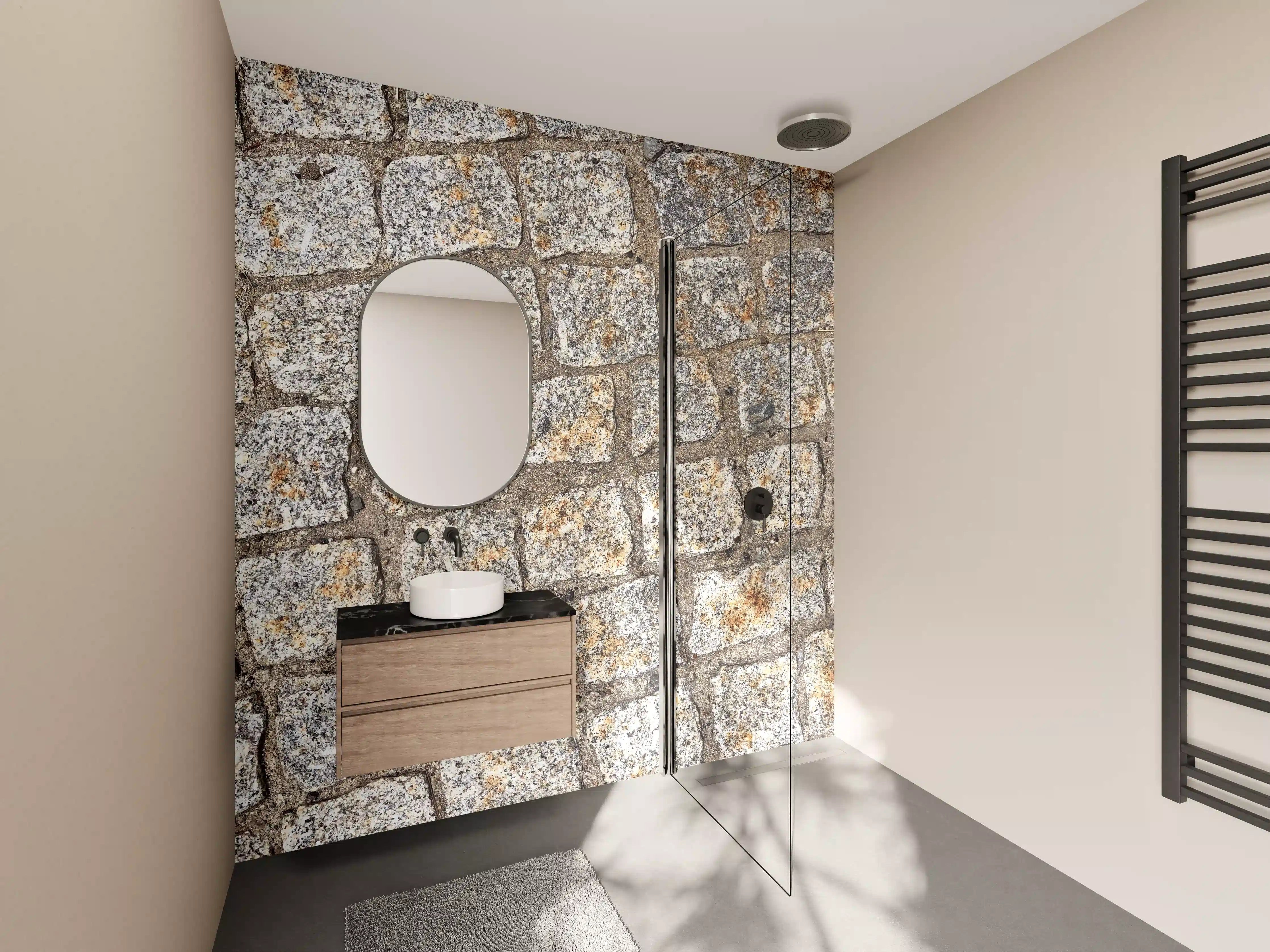 Wandverkleidung Bad - Natursteinmauer mit Grautönen