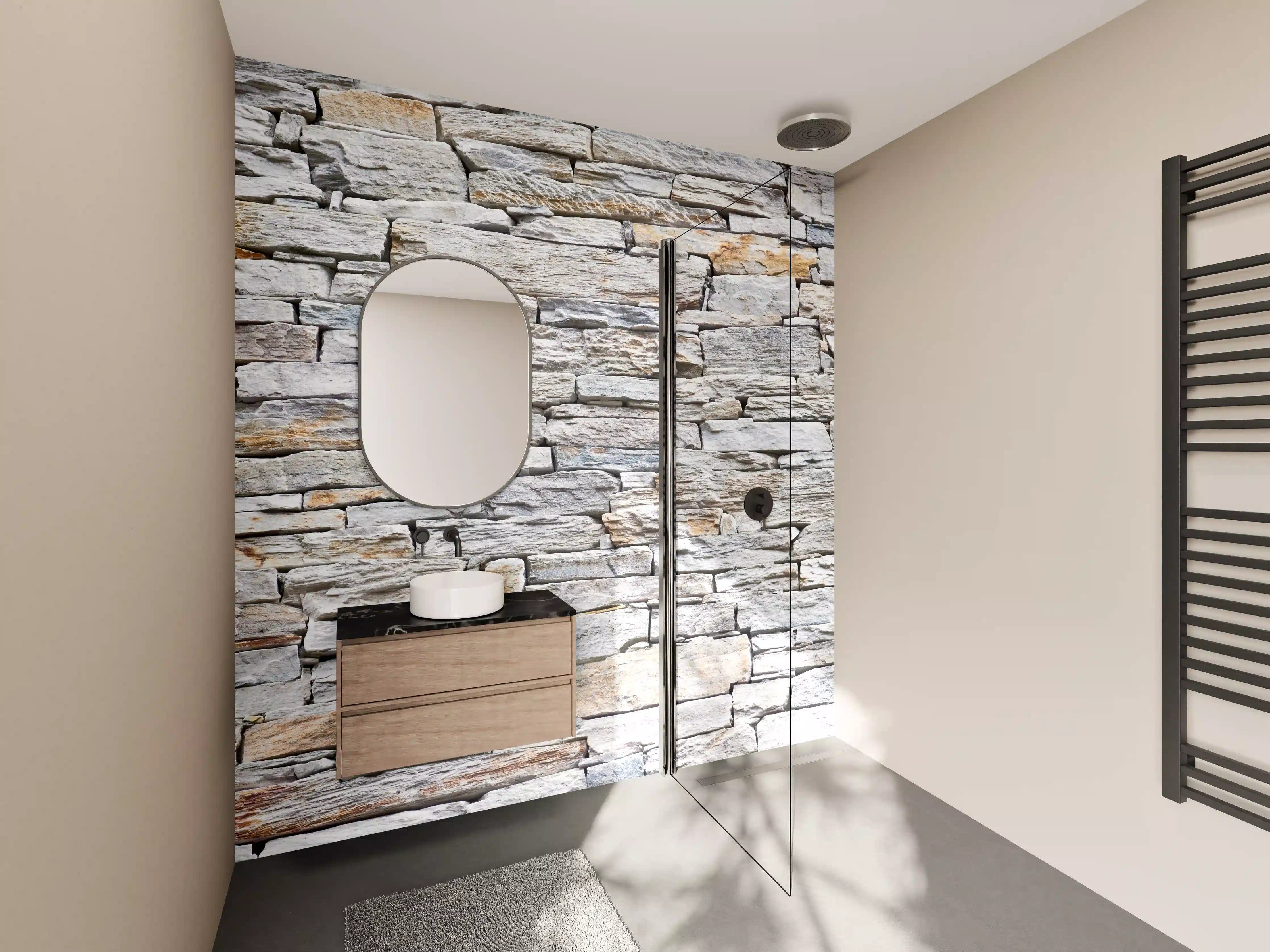 Wandverkleidung Bad - Natursteinmauer mit warmer Farbgebung