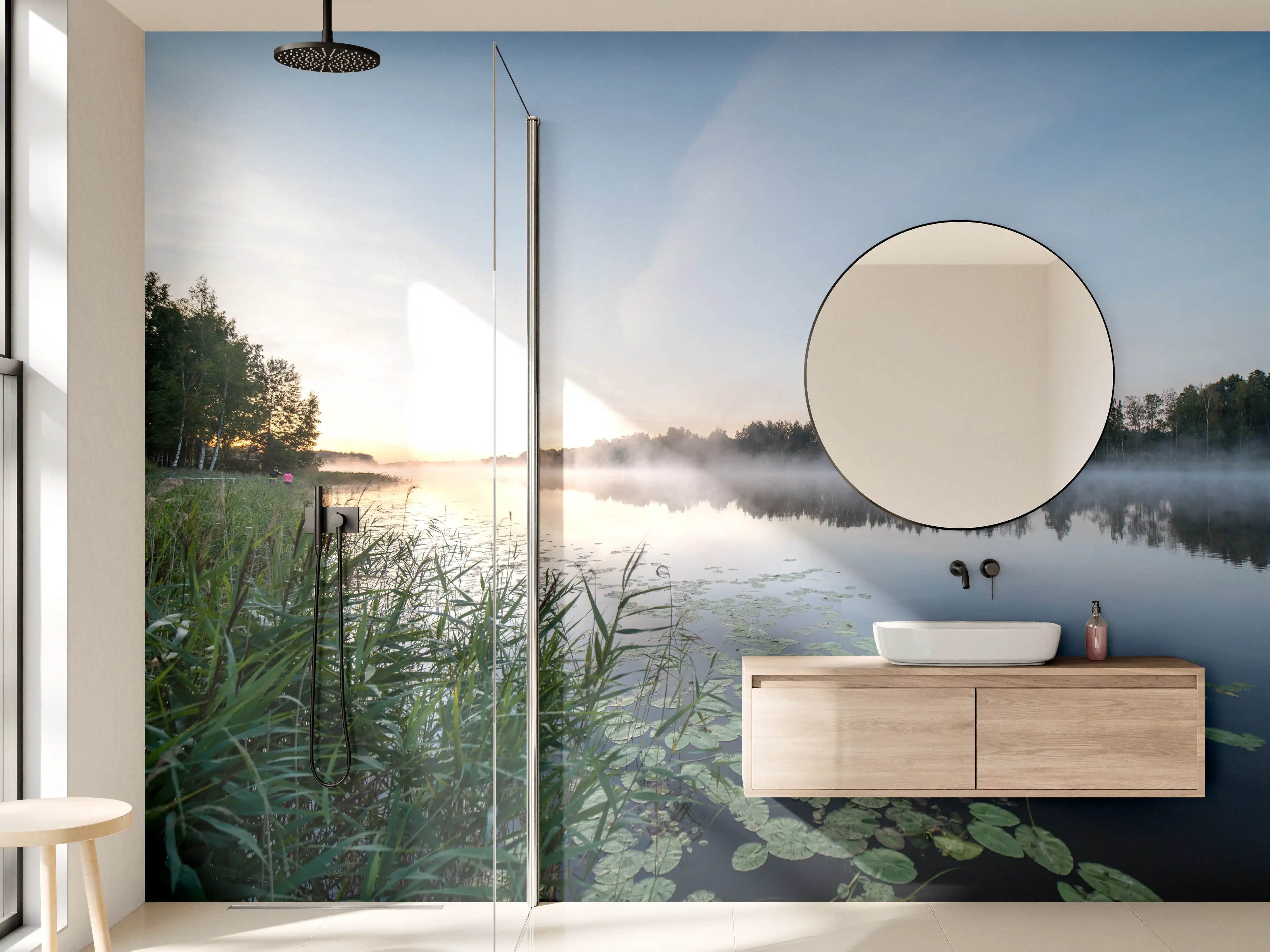 Wandverkleidung Bad - Nebel über ruhigem Fluss bei Sonnenaufgang