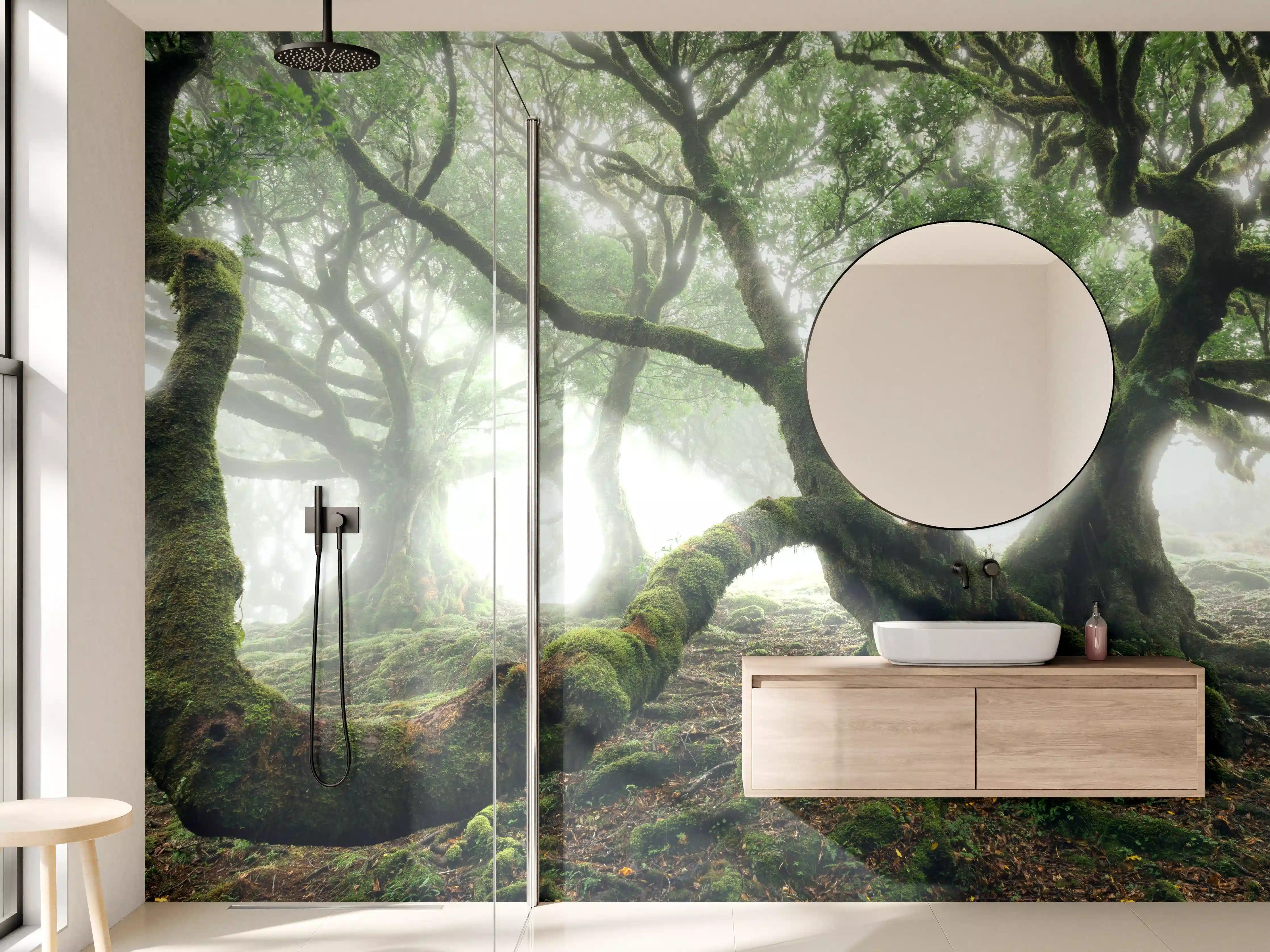 Wandverkleidung Bad - Nebeliger, mystischer Wald